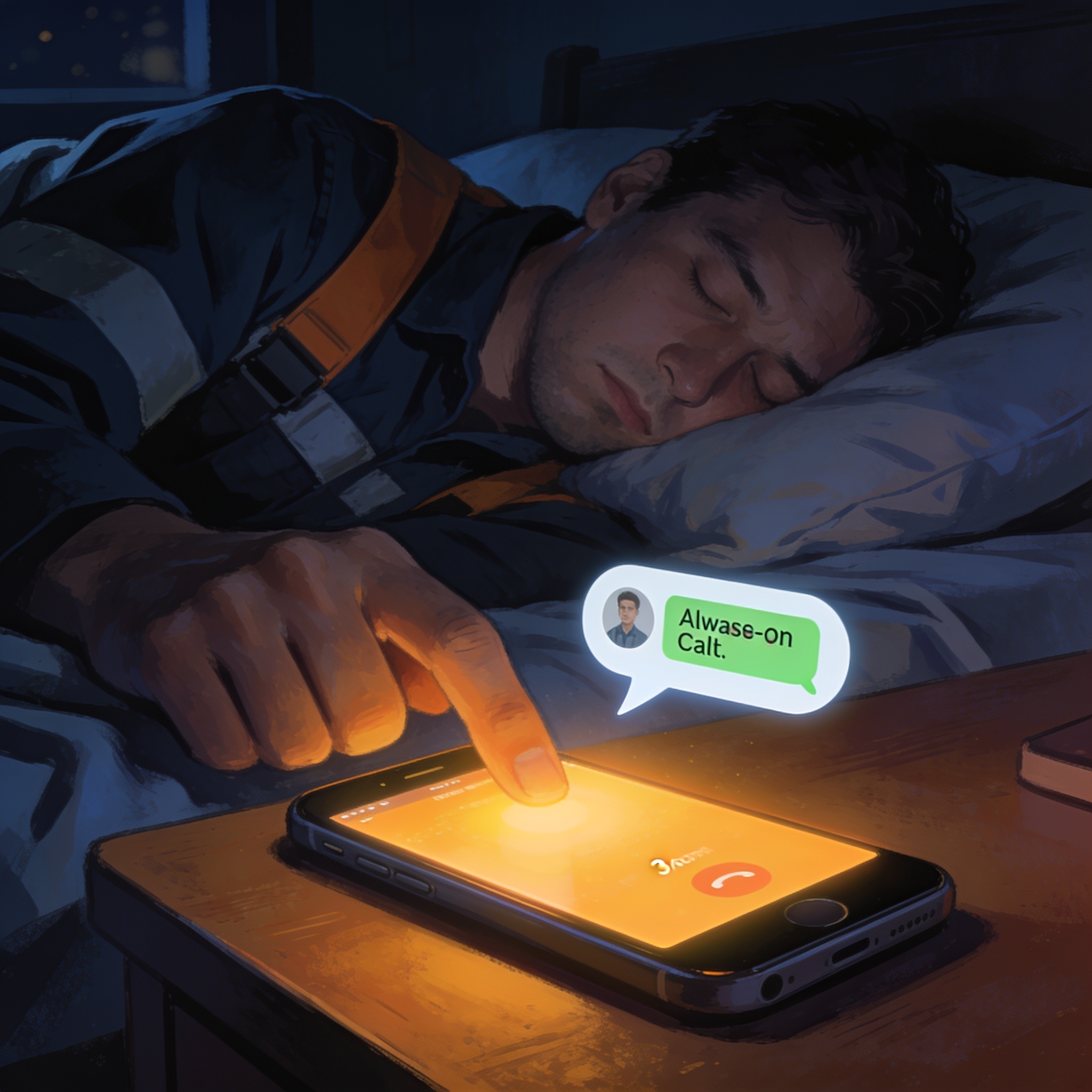 A worker asleep in bed with a phone glowing on the nightstand at 3am, a notification bubble popping up demanding an urgent reply, oppressive always-on-call illustration, no text