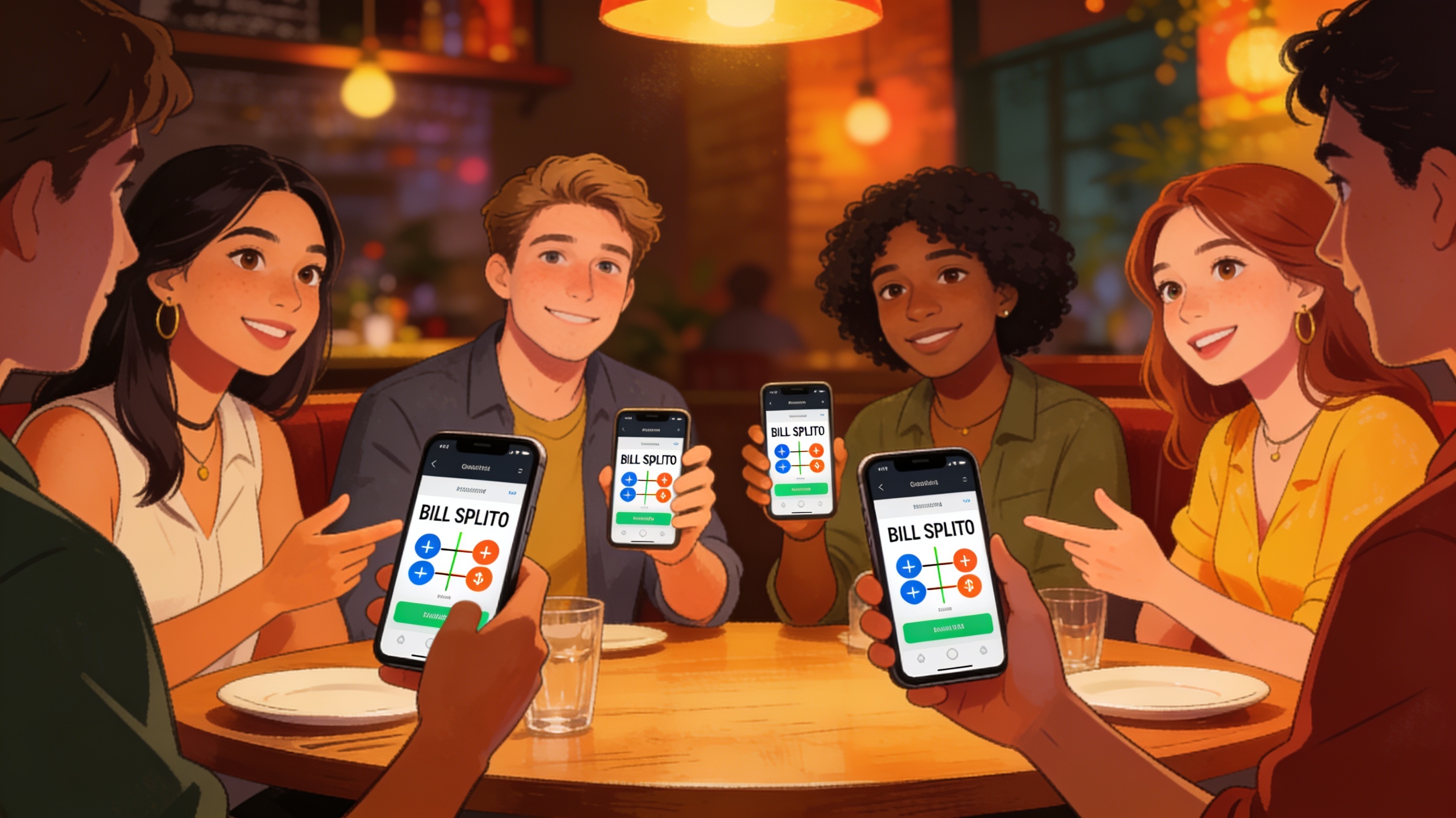 A group of young friends using a bill-splitting app on their phones to divide a restaurant bill equally, cinematic editorial illustration, no text