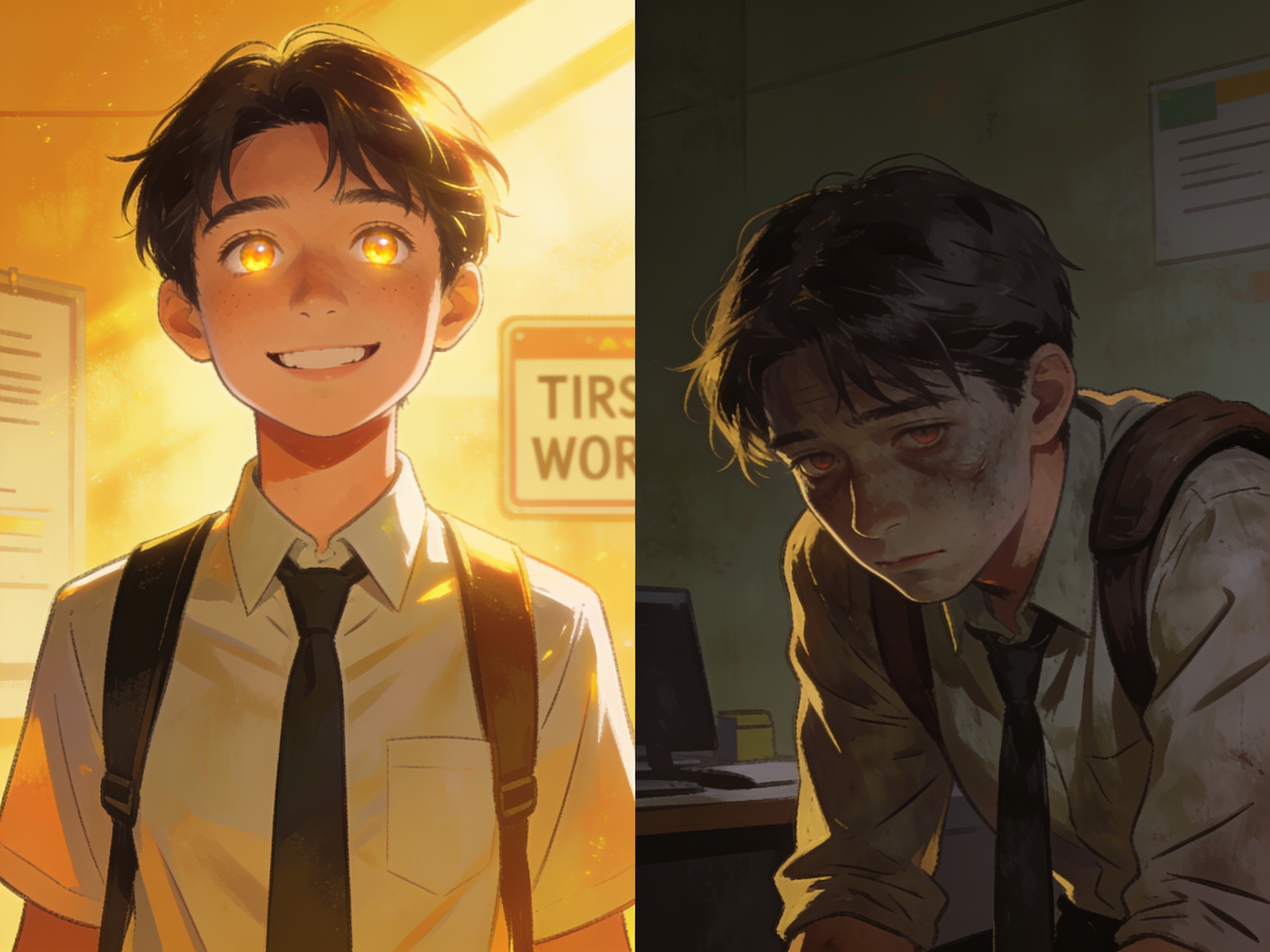 A split-image comparison of the same young person, left side bright-eyed and fresh on their first day of work, right side dull-eyed and slouched with grey aura after years of office grind, editorial before-after illustration, no text