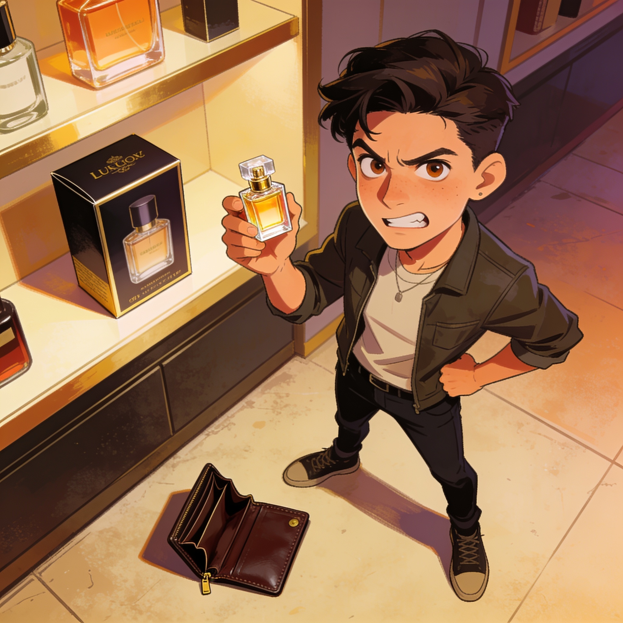 A person confidently holding up a bargain bin item next to an untouched luxury version, striking a proud rational-shopper pose despite an obviously empty wallet nearby, comedic illustration, no text