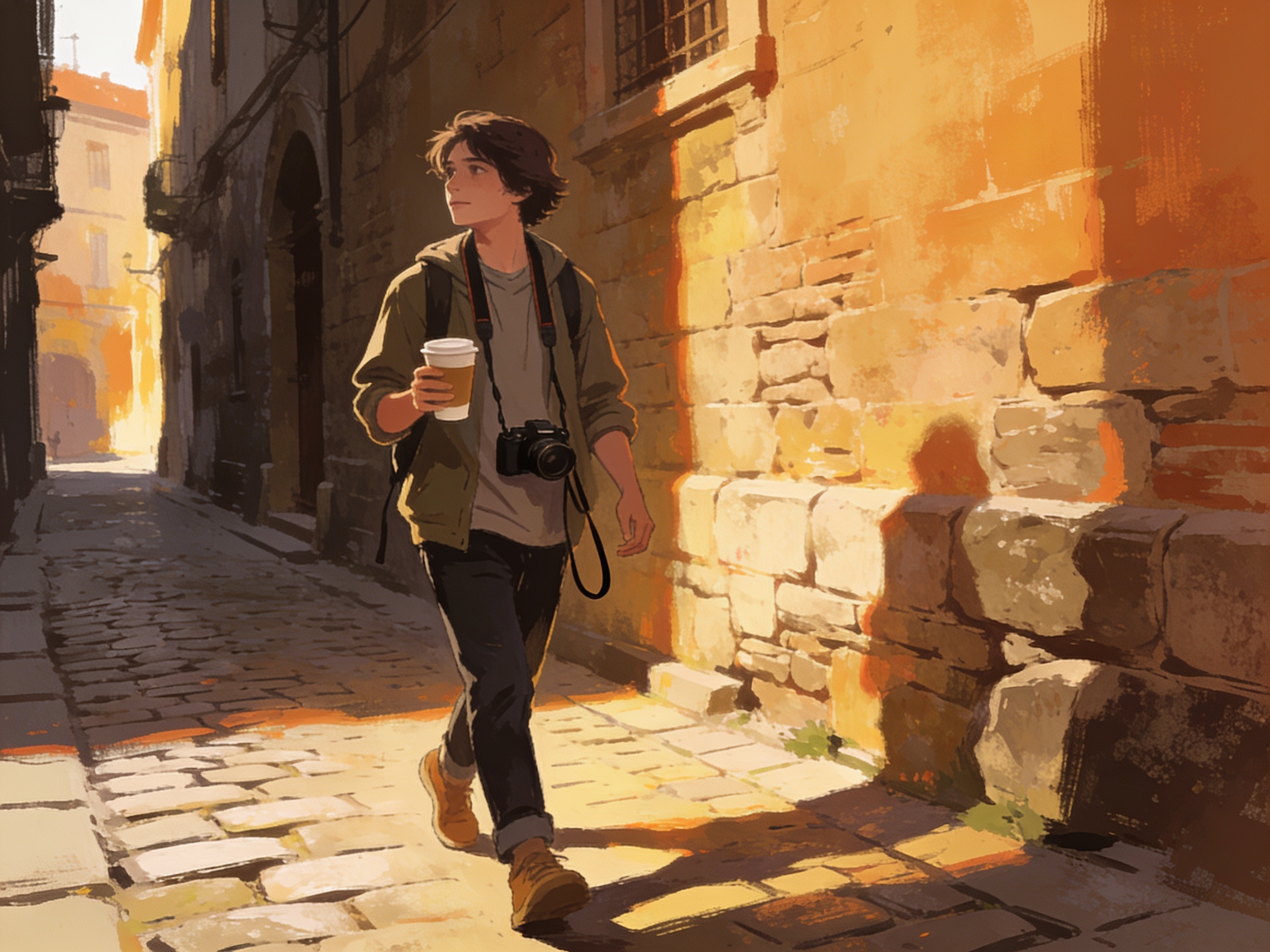 A young person casually strolling through an old city alley with a coffee in hand and camera around their neck, no particular destination, warm afternoon light, editorial lifestyle illustration, no text