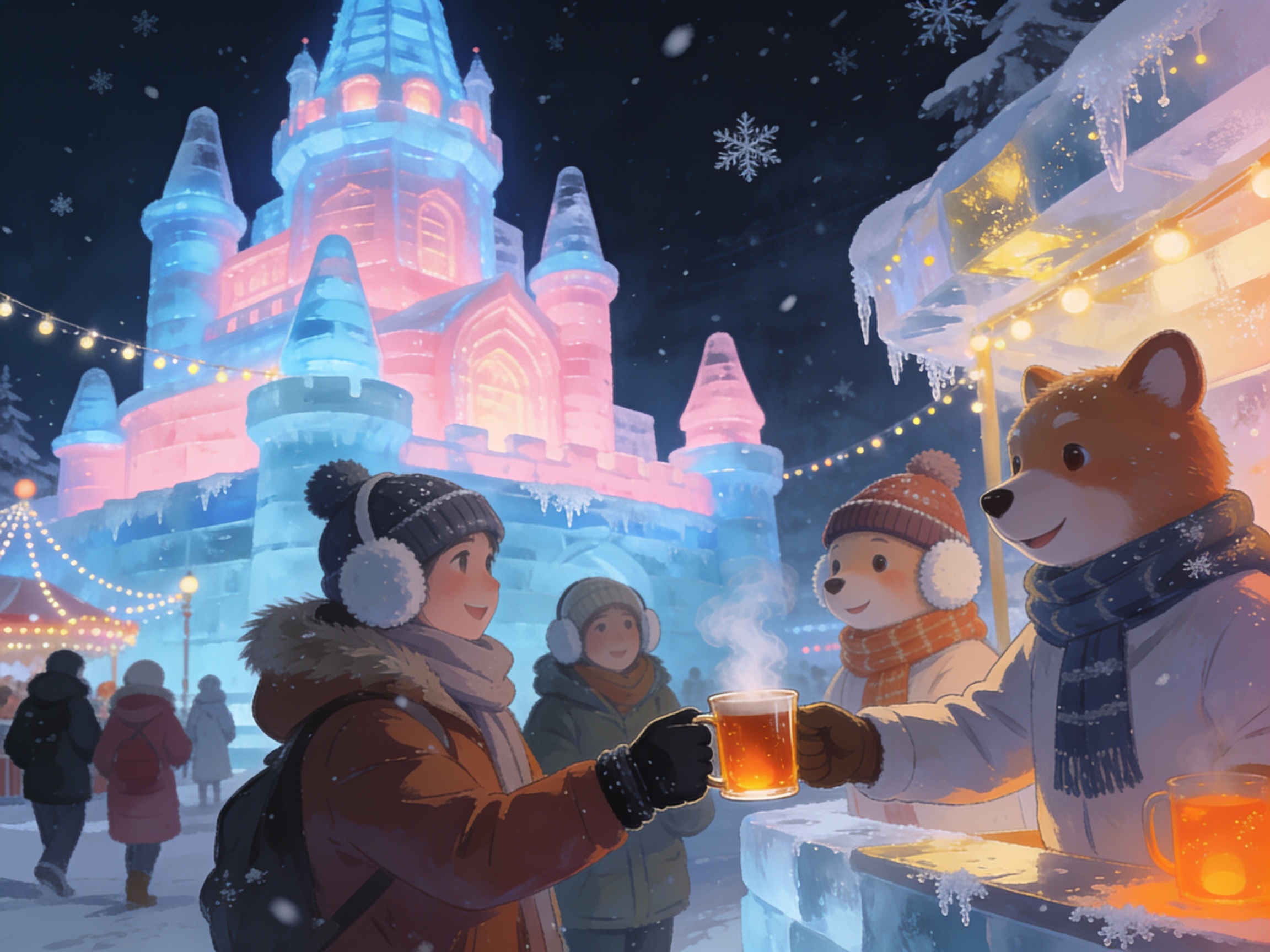 A giant illuminated ice castle at night with playful mascots handing out warm drinks to bundled-up tourists, festive winter carnival atmosphere in Harbin, editorial travel illustration, no text