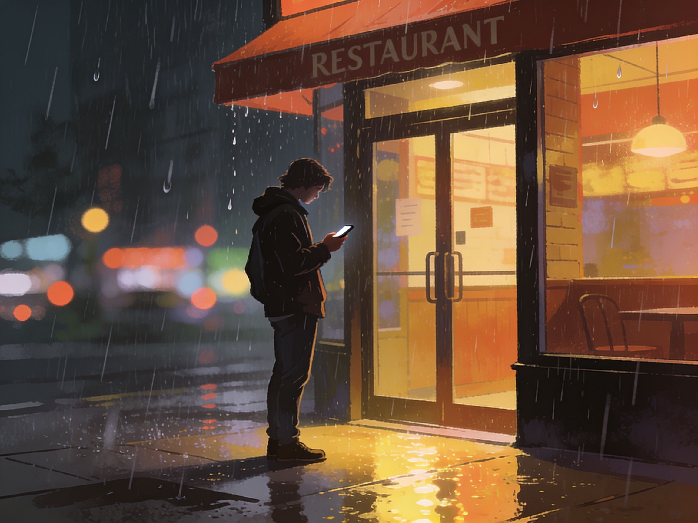 A person standing alone outside a restaurant entrance in the rain checking their phone, no one else around, city lights blurred behind, cinematic editorial illustration, no text