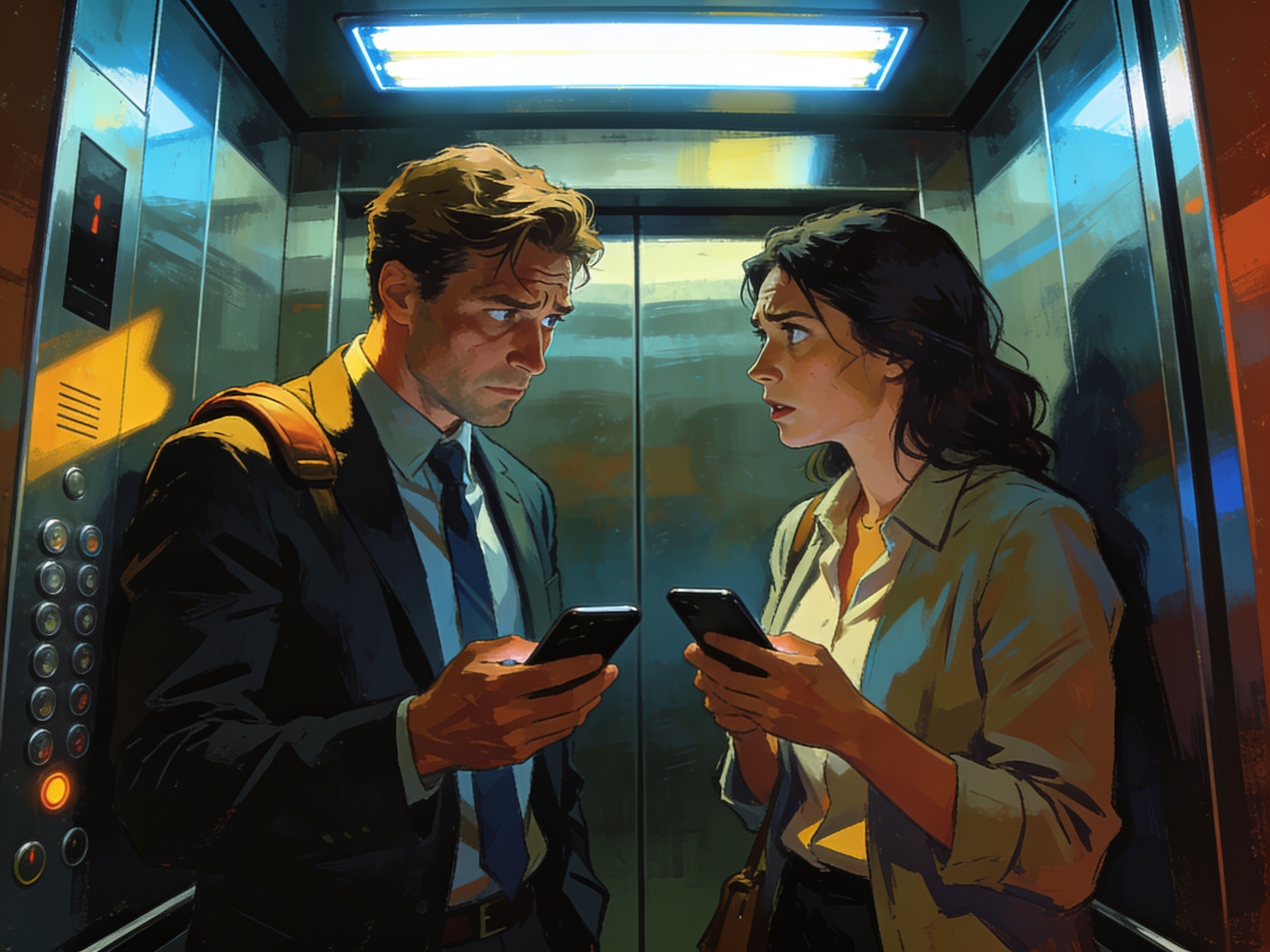 Two colleagues stuck in a lift together making painful small talk, both staring at their phones, elevator LED lighting harsh overhead.