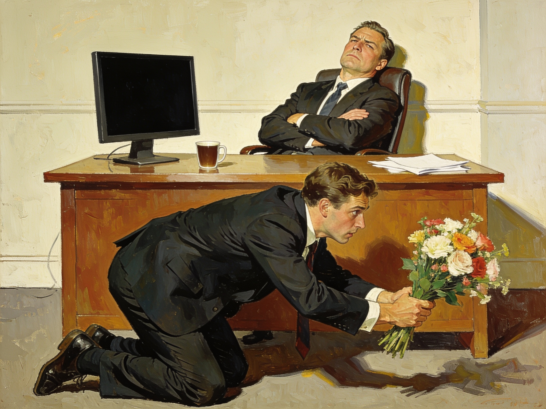 An employee groveling exaggeratedly on their knees offering flowers to an unimpressed boss at a desk, dramatic office lighting, cinematic editorial illustration, no text