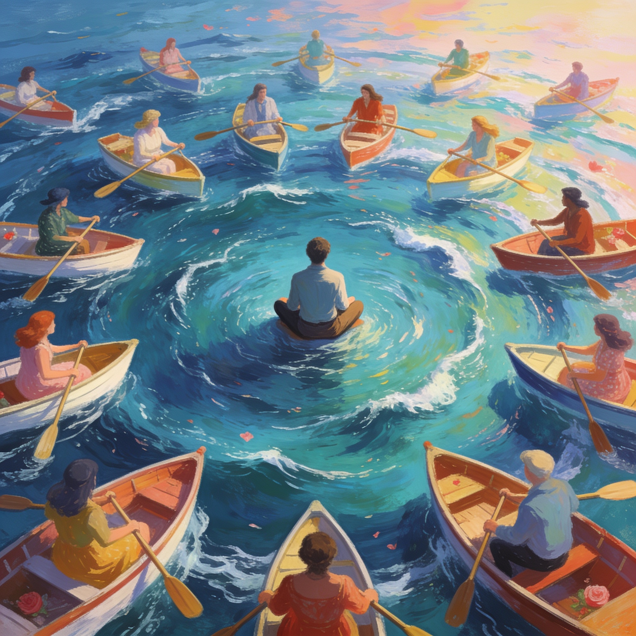 A person sitting at the center of a vast ocean with dozens of small boats each rowed by a different hopeful admirer, all orbiting around them, whimsical illustration, no text