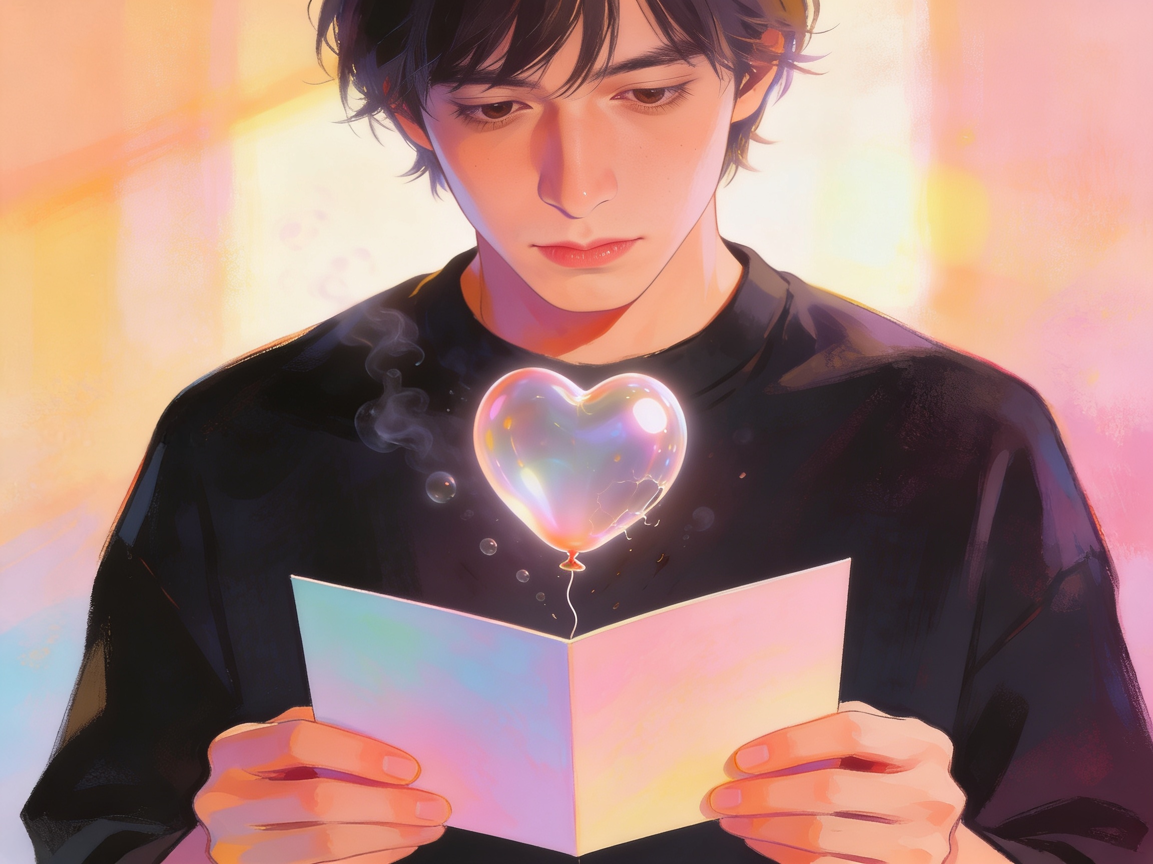 A person receiving a polite pastel-colored greeting card that says only GOOD PERSON while their heart visibly deflates like a popped balloon, bittersweet illustration about gentle rejection, no text