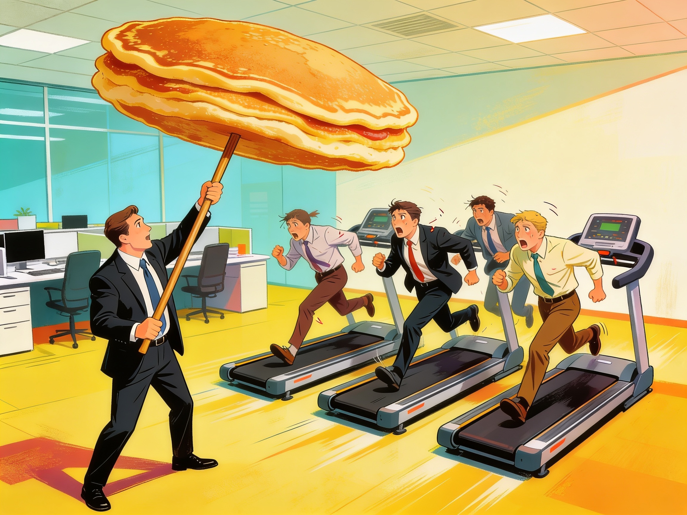 A boss holding up a giant unrealistically oversized pancake on a stick in front of a group of exhausted employees chasing after it on a treadmill, satirical office illustration, no text