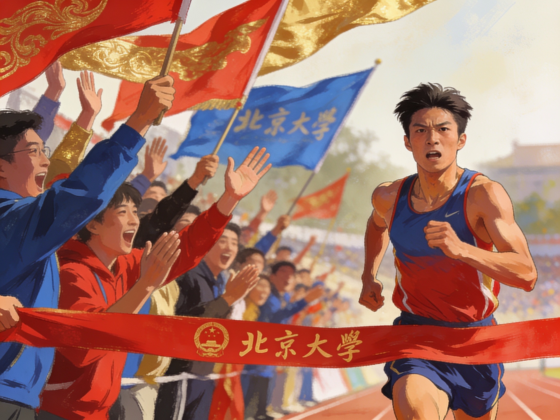 A crowd at a Beijing university sports day cheering as a runner crosses the finish line, banners with 加油 waving.