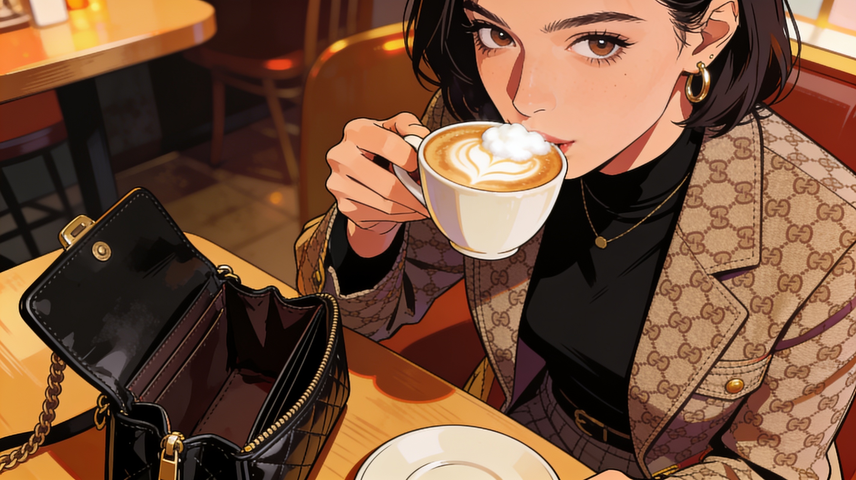 A young woman sipping an elegant latte at a trendy cafe wearing a designer-looking outfit, while her wallet visible in her bag is completely empty, ironic contrast illustration, no text