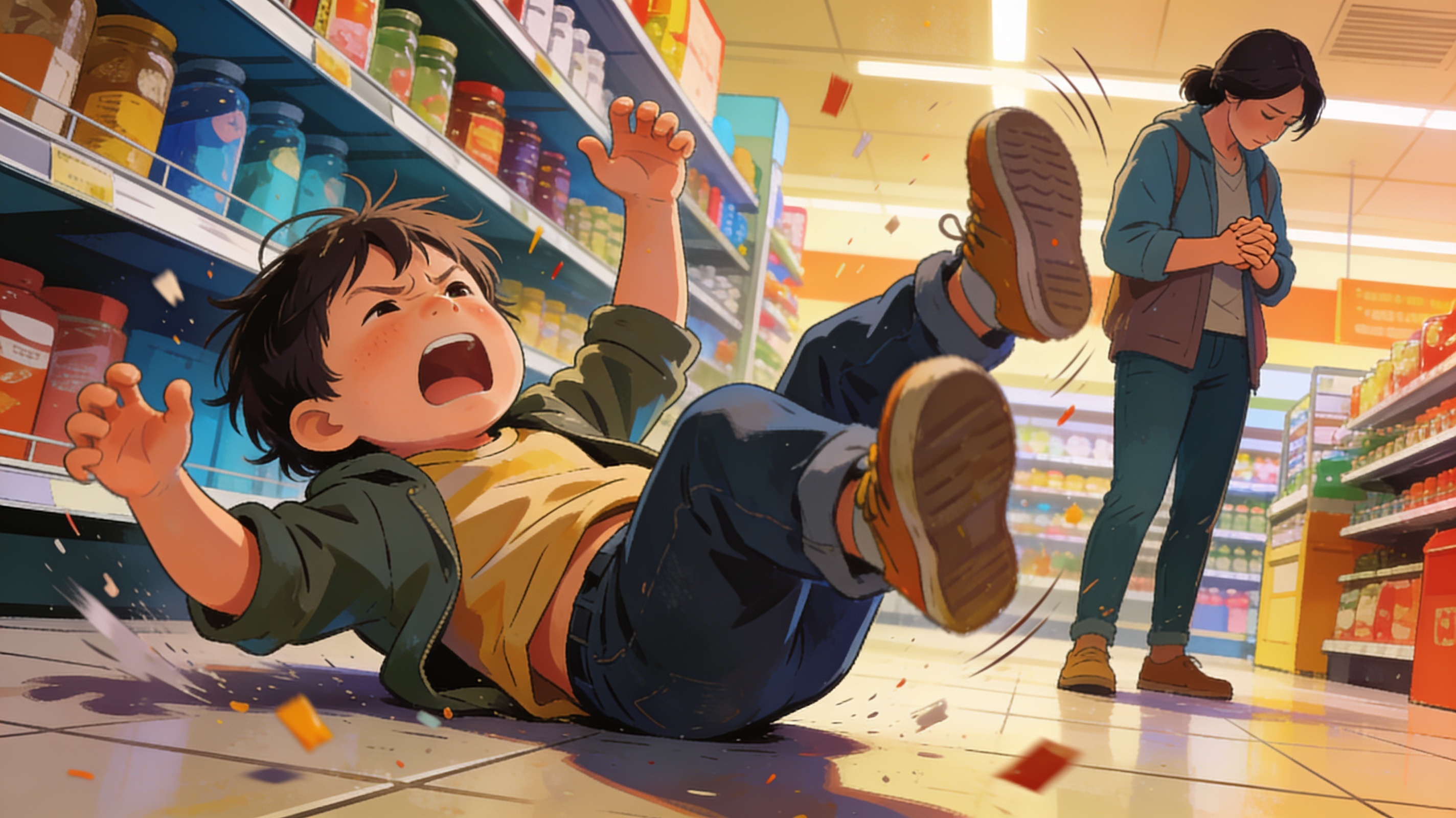An adult throwing a tantrum on the floor of a store like a toddler, embarrassed parent nearby, exaggerated illustration style, cinematic editorial illustration, no text
