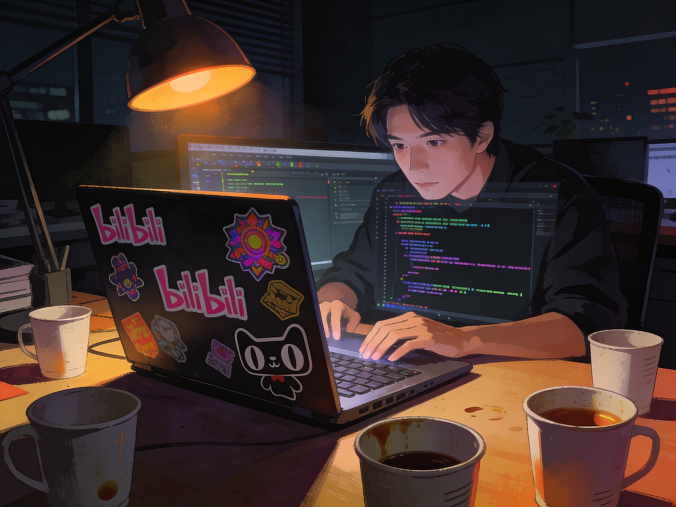 A dark Chinese tech office at 11pm with a single desk still lit, its occupant coding intensely, empty coffee cups scattered around a Bilibili sticker-covered laptop.