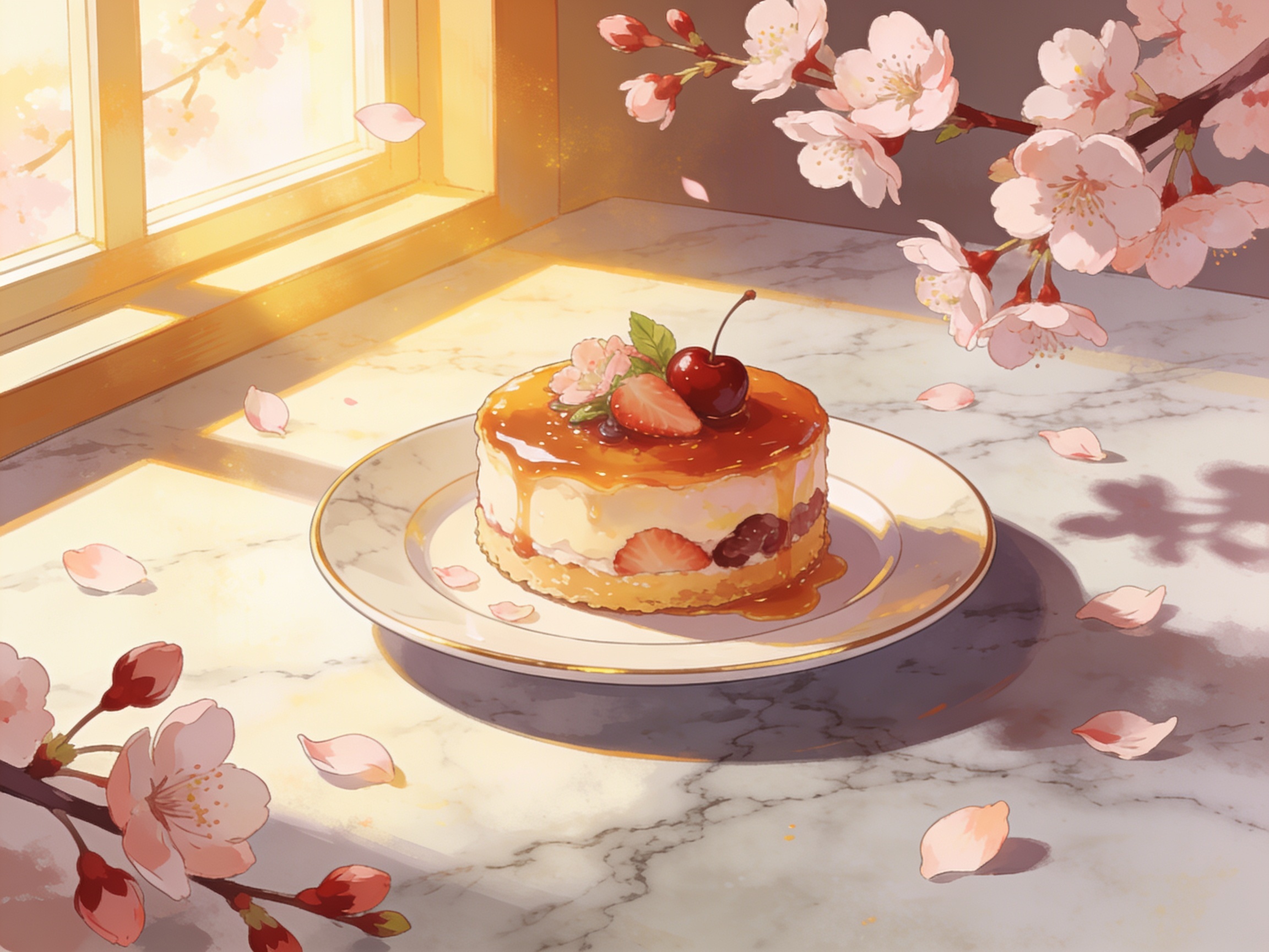 A perfectly plated dessert on a marble Xiaohongshu-style flatlay, cherry blossoms scattered around, morning window light.