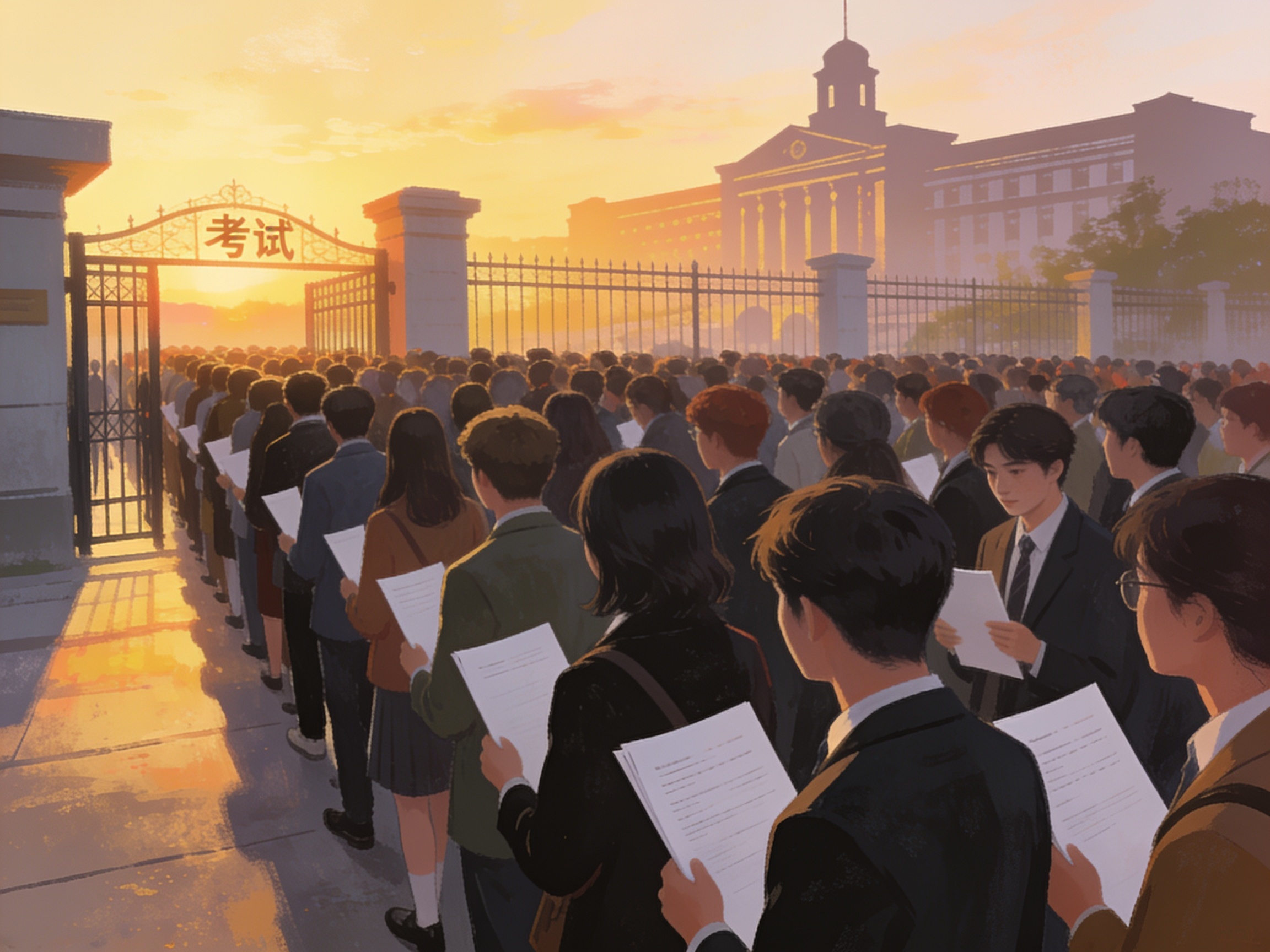 A massive crowd of young people in formal clothes queuing outside an exam hall gate at dawn, all holding identical study guides, government building silhouette in the background, editorial illustration, no text
