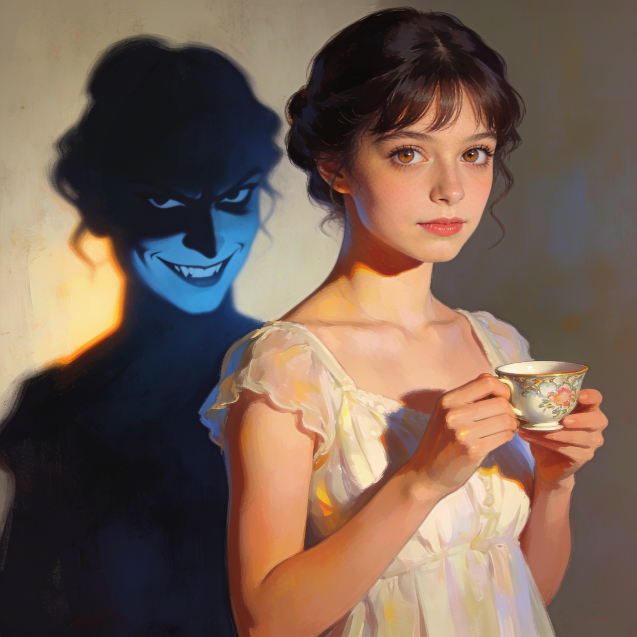 A woman with an innocent doe-eyed expression holding a delicate teacup, while her shadow on the wall behind her shows a cunning calculating smirk, symbolic contrast illustration, no text