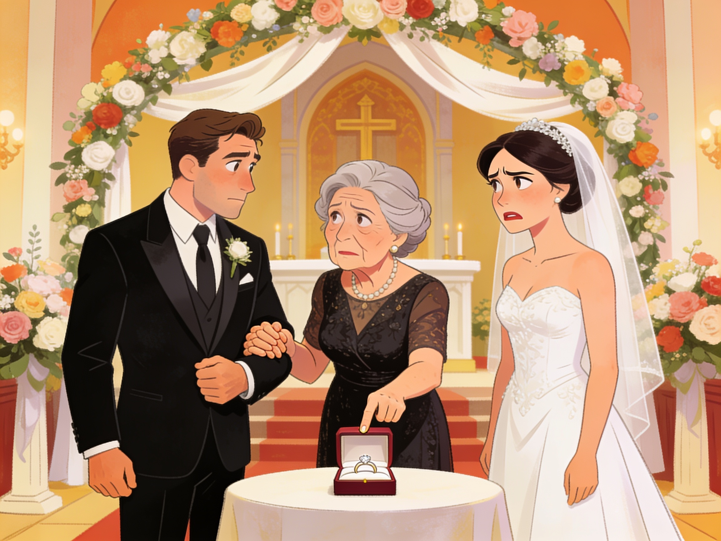 A grown man still holding his mother's hand while she makes every decision for him at his own wedding, his bride looking on with visible concern, satirical family illustration, no text