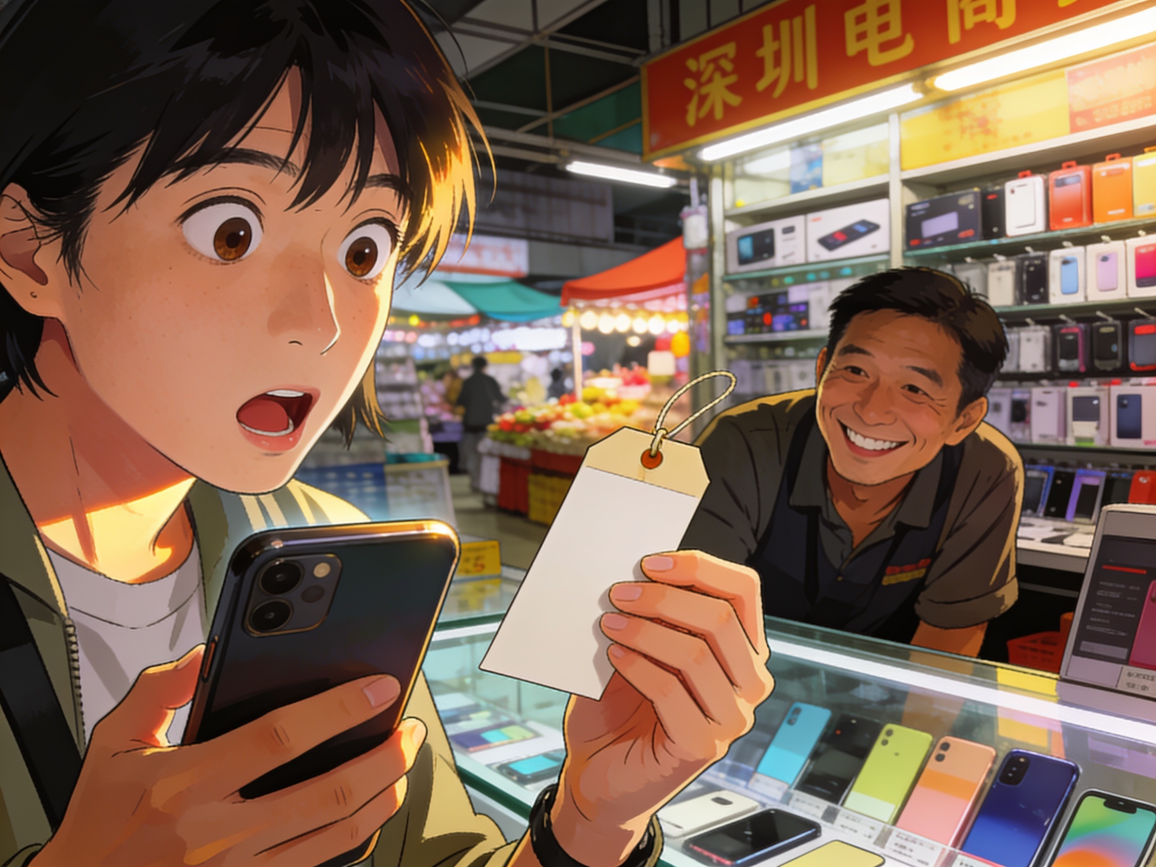 A Chinese shopper wide-eyed at a Shenzhen electronics market examining a price tag on a phone, vendor grinning behind the counter.