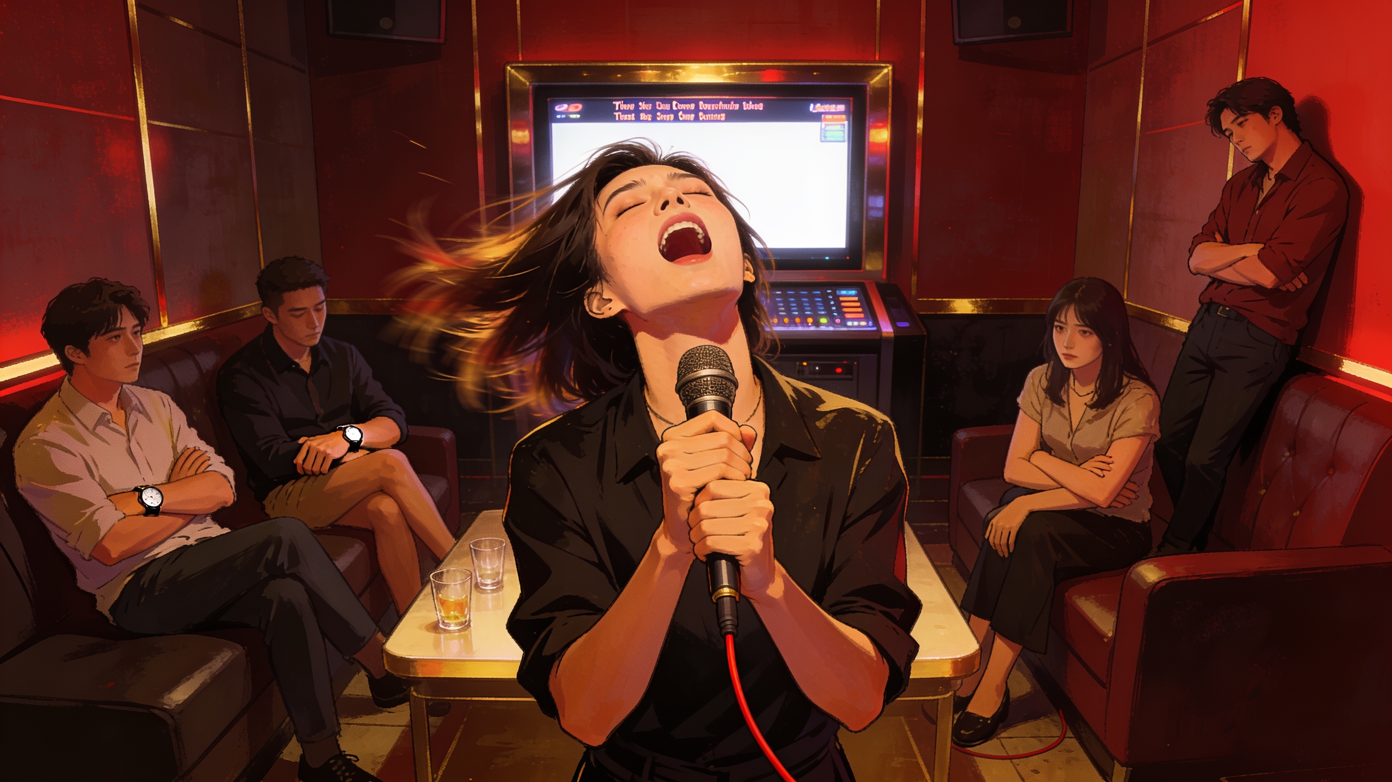 One person hogging the microphone and singing dramatically while the rest of the group looks bored waiting for their turn in a KTV room, cinematic editorial illustration, no text