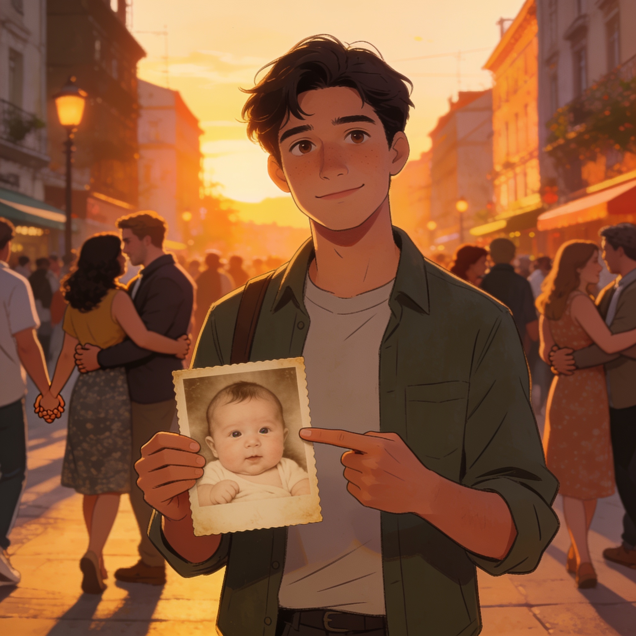 A person surrounded by couples everywhere on the street, standing alone holding a baby photo of themselves as if to comically prove they have always been single, self-deprecating illustration, no text