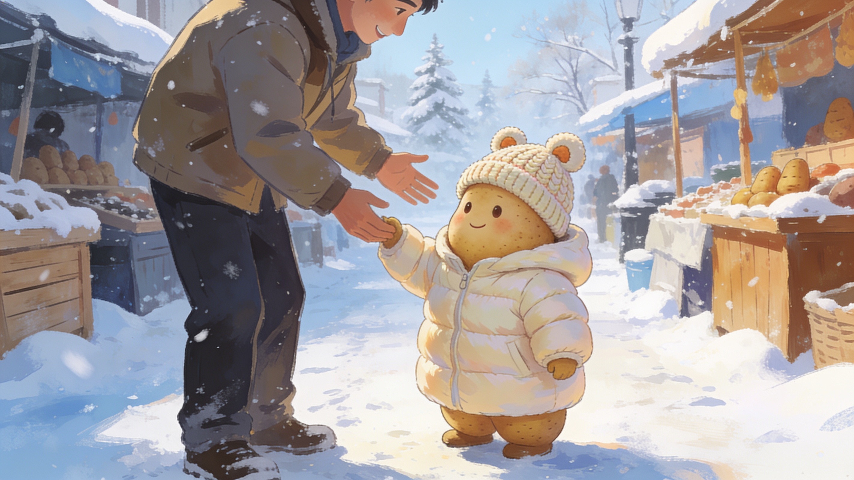 A small round tourist bundled up in a light-colored puffy coat and cute knit hat being warmly guided by a tall friendly local at a snowy Harbin street market, affectionate size-contrast illustration, no text