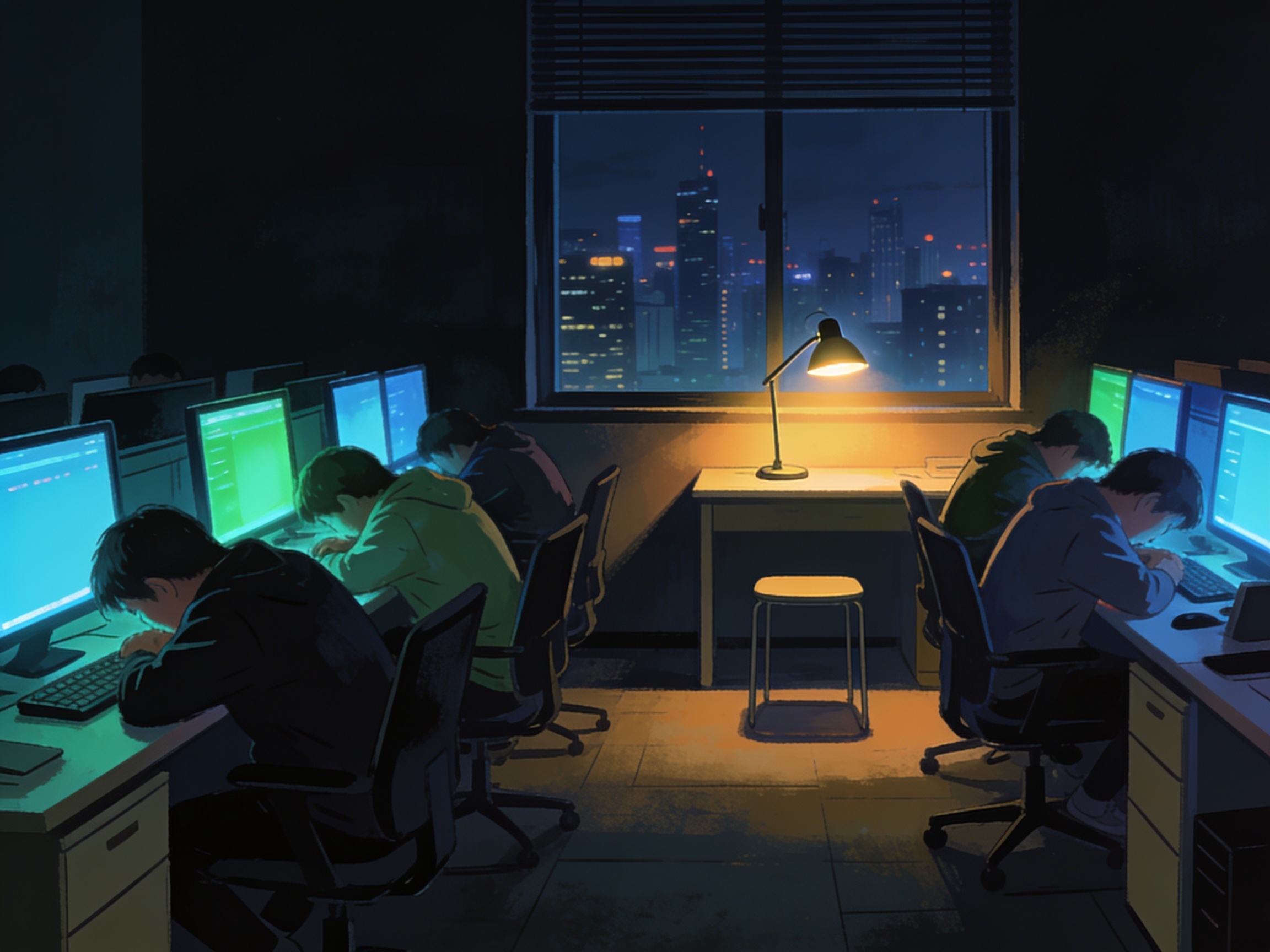 A dark Shenzhen office at 11pm with rows of workers still hunched over glowing screens, one person's empty desk-mate lamp still on, city skyline through the window.