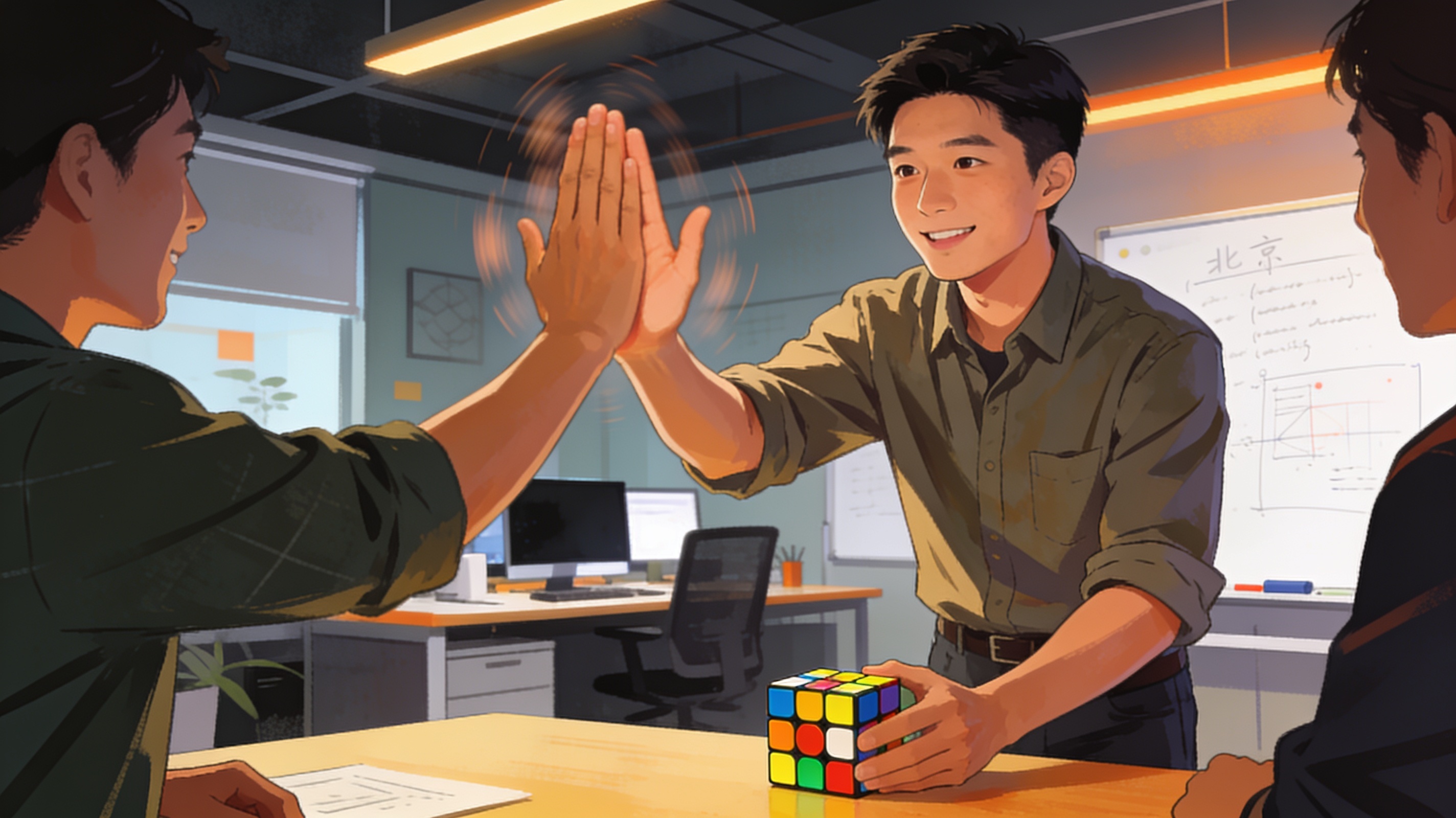 A young Chinese engineer being high-fived by teammates after nailing a Rubik's cube in under a minute at a Beijing tech office.