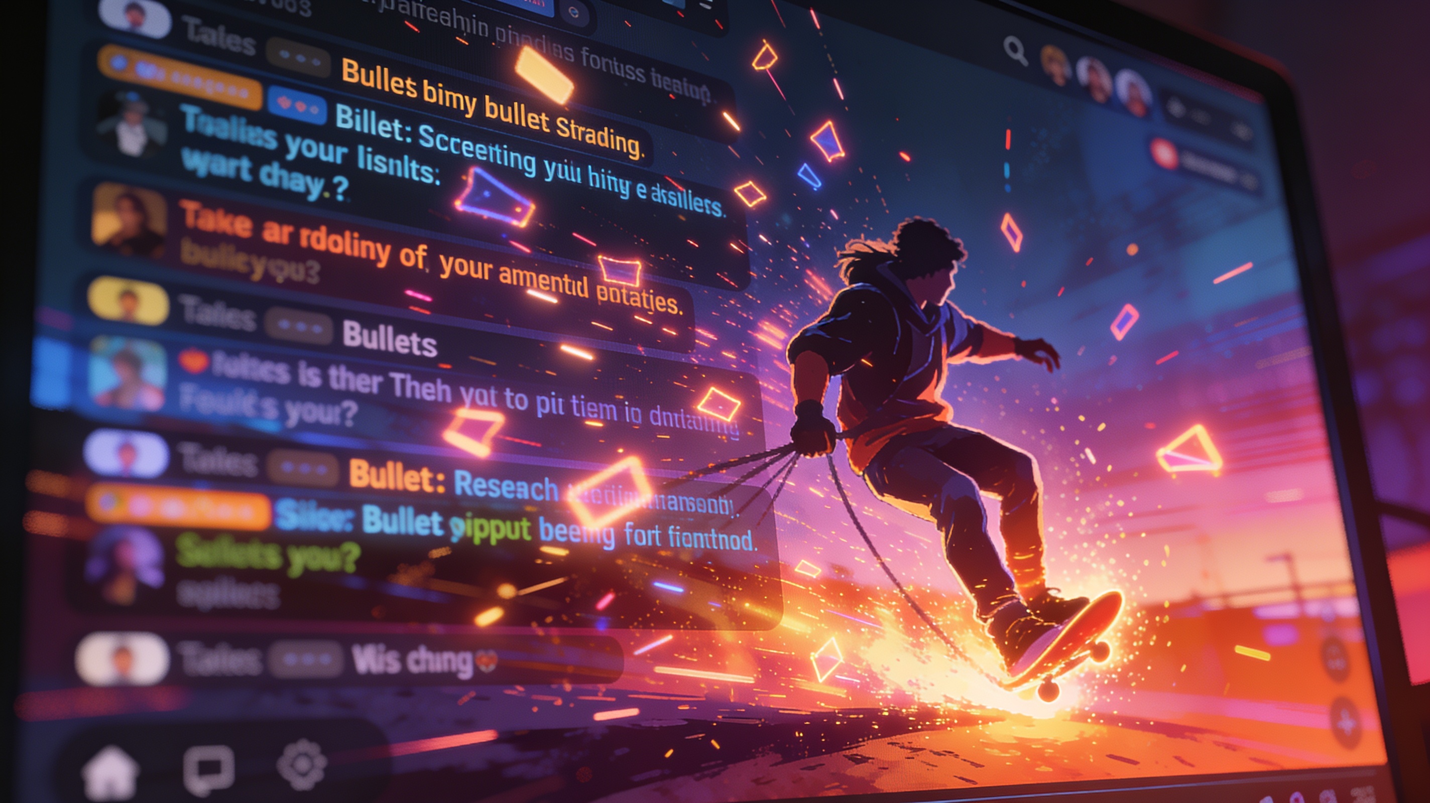A livestream chat overlay with a torrent of bullet-screen comments flying across a video of someone pulling off an impressive feat, glowing screen light, cinematic editorial illustration, no text