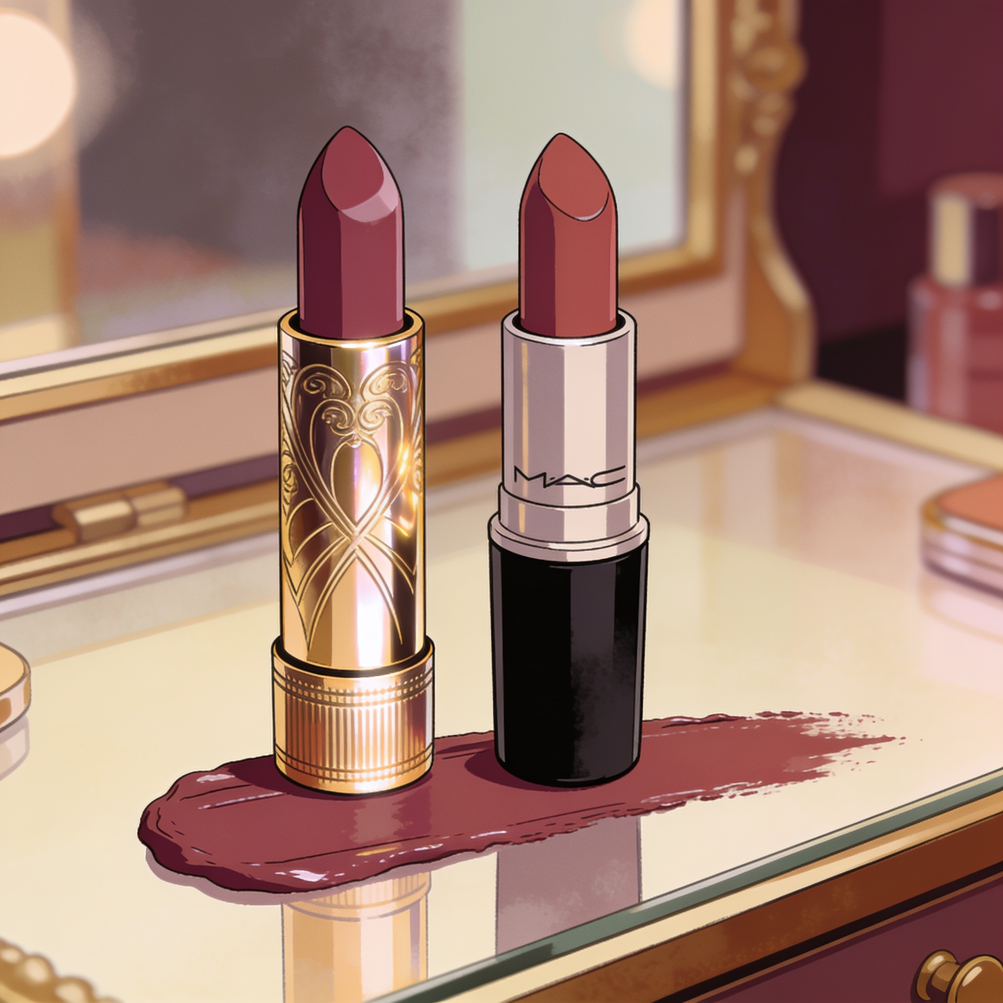 Two lipsticks side by side on a vanity table, one in luxury gold packaging and one in simple affordable packaging, both applying the exact same shade of color, comparison illustration, no text