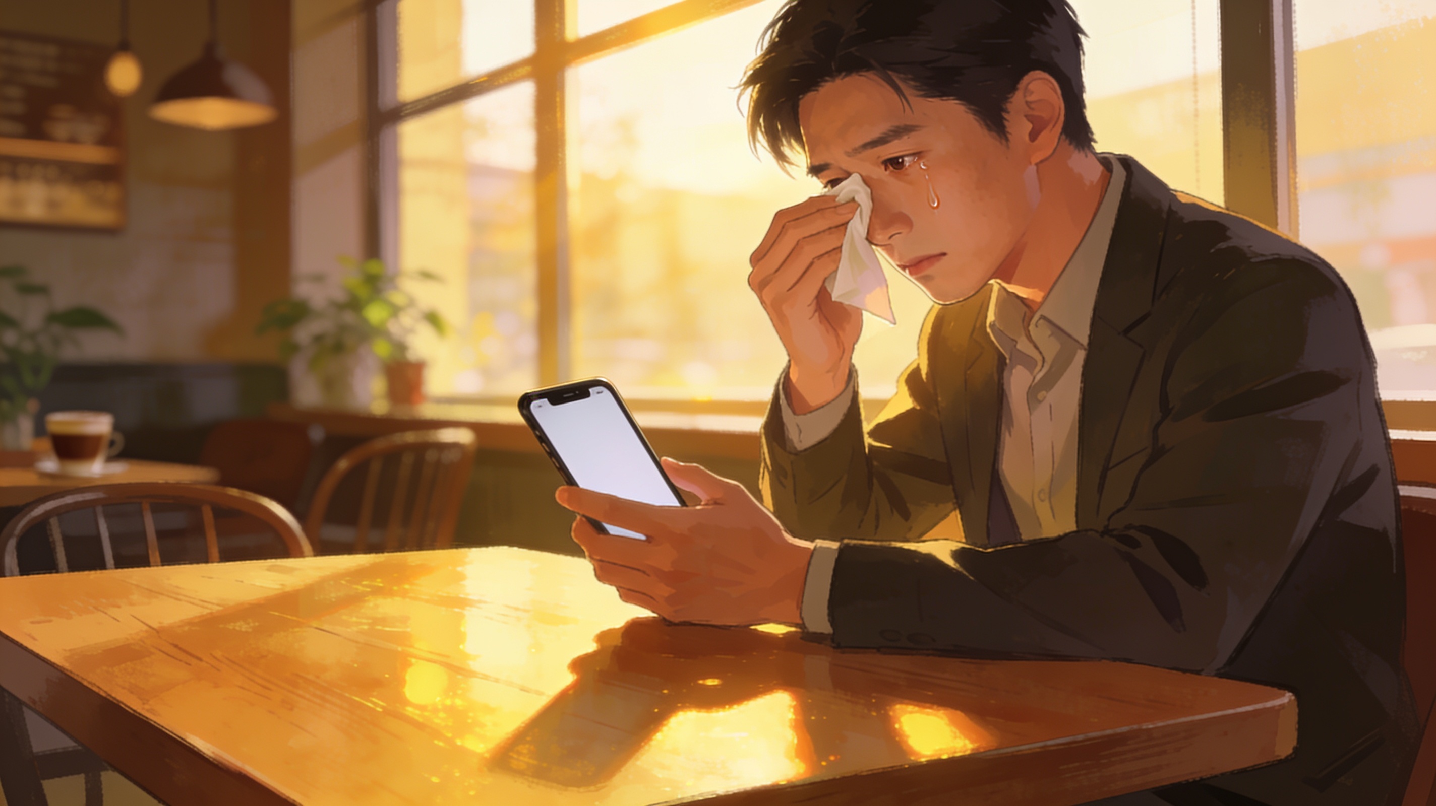 A young mainland office worker in a Beijing coffee shop wiping a single tear away from a phone screen playing a family video, warm afternoon light.