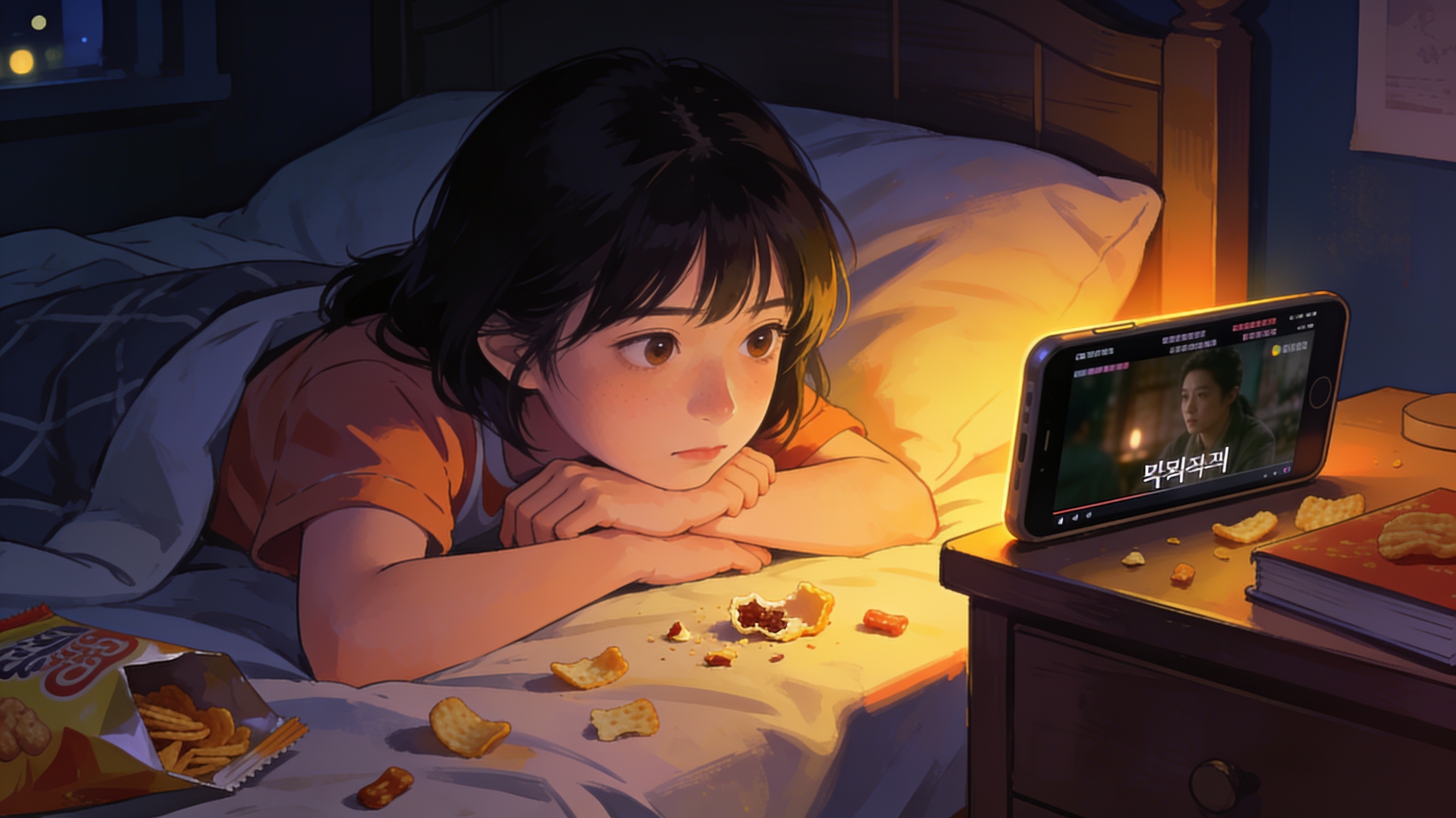 A Chinese girl in bed at midnight glued to her phone watching a K-drama, chin resting on hands, snacks half-eaten around her.
