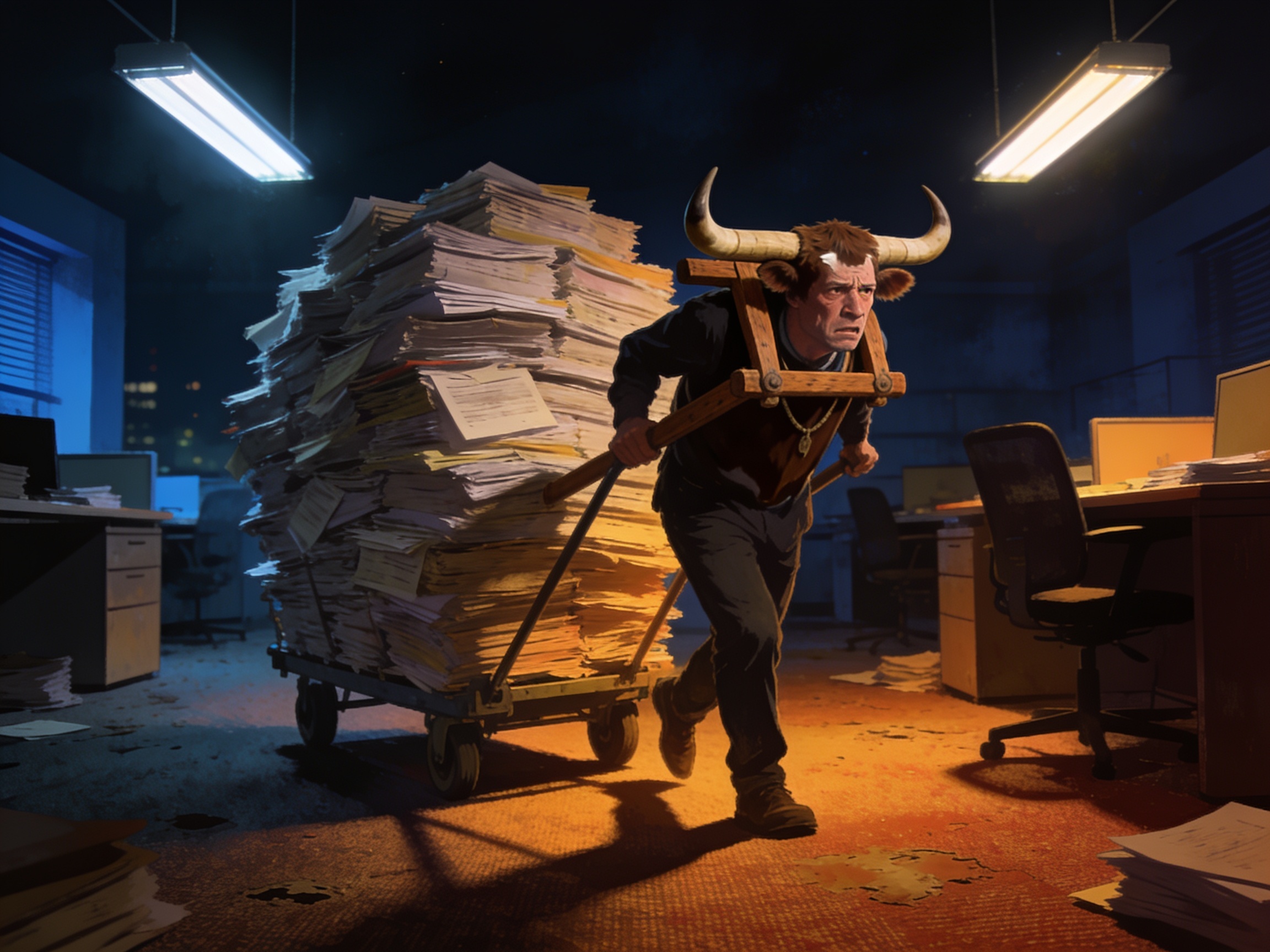 A person with a cow-like yoke around their neck pulling a giant cart full of documents through an office at night, exhausted expression under fluorescent lights, dark satirical illustration, no text