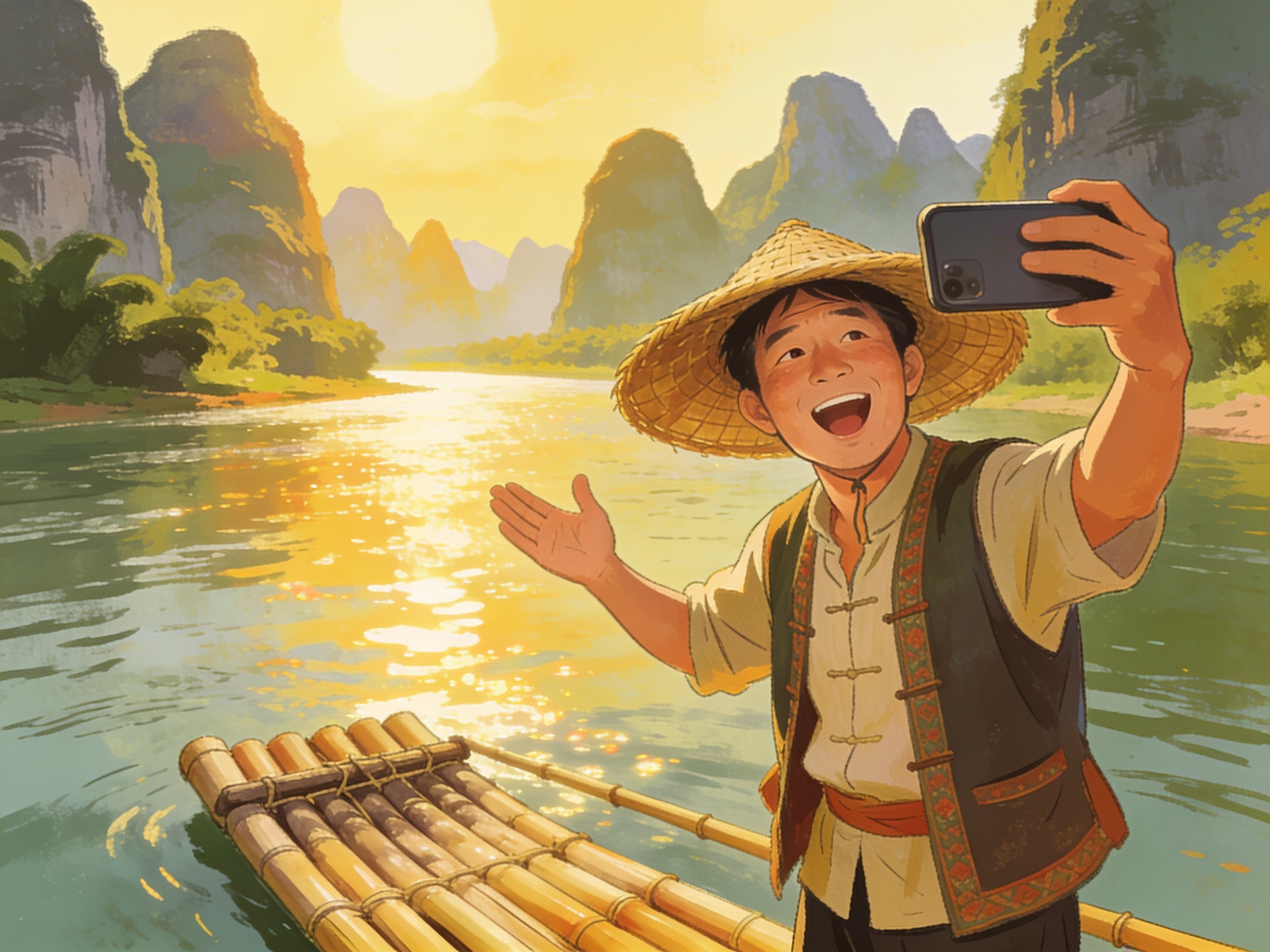A cheerful rural tour guide with a straw hat standing by a river with karst mountains behind him, singing into a phone camera on a bamboo raft, warm nostalgic sunny tone, folk internet-celebrity illustration, no text