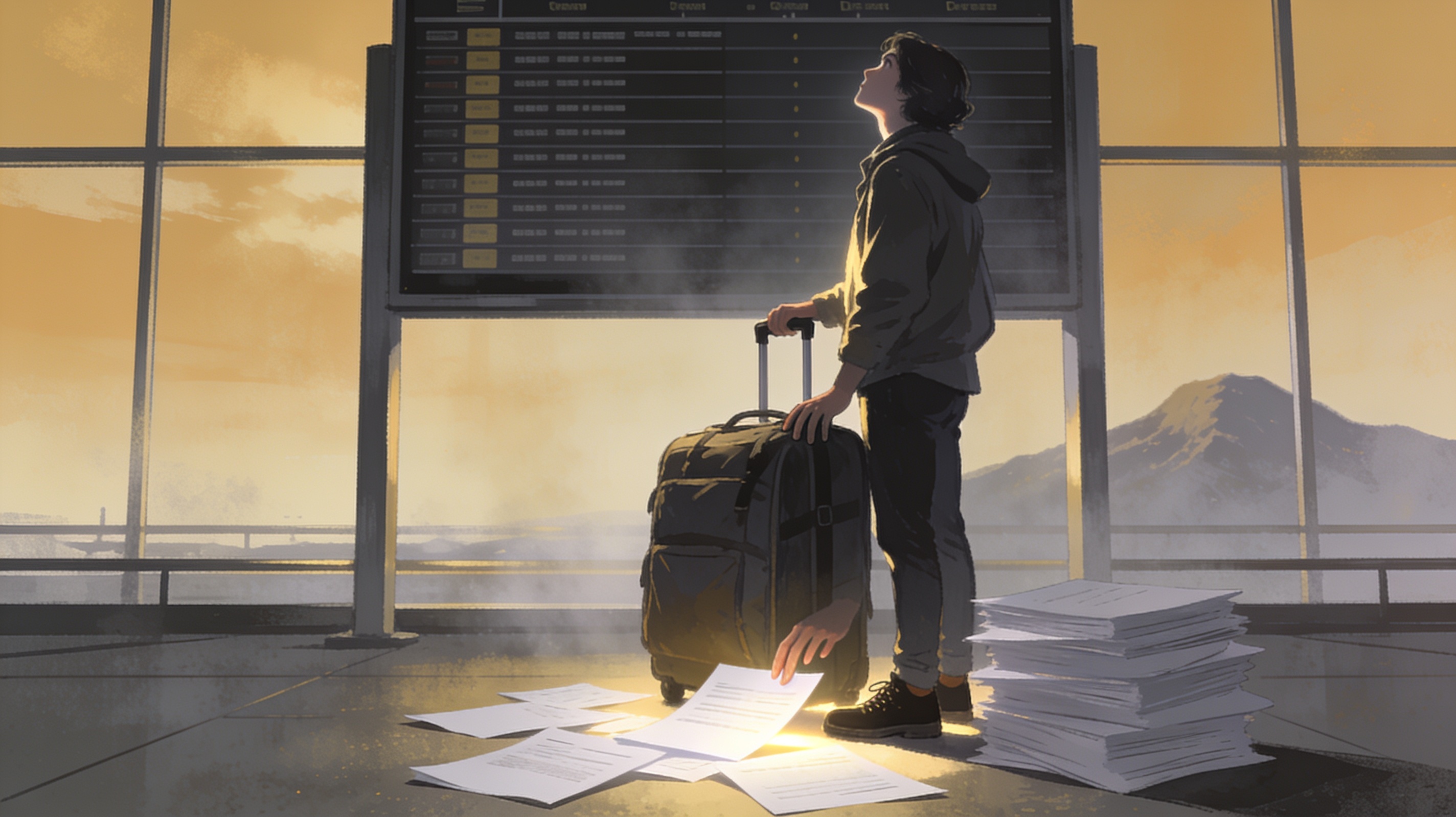 A person standing at an airport departure board with a packed suitcase, dreamily imagining freedom, while a stack of unfinished work documents anchors them to the ground, bittersweet illustration, no text