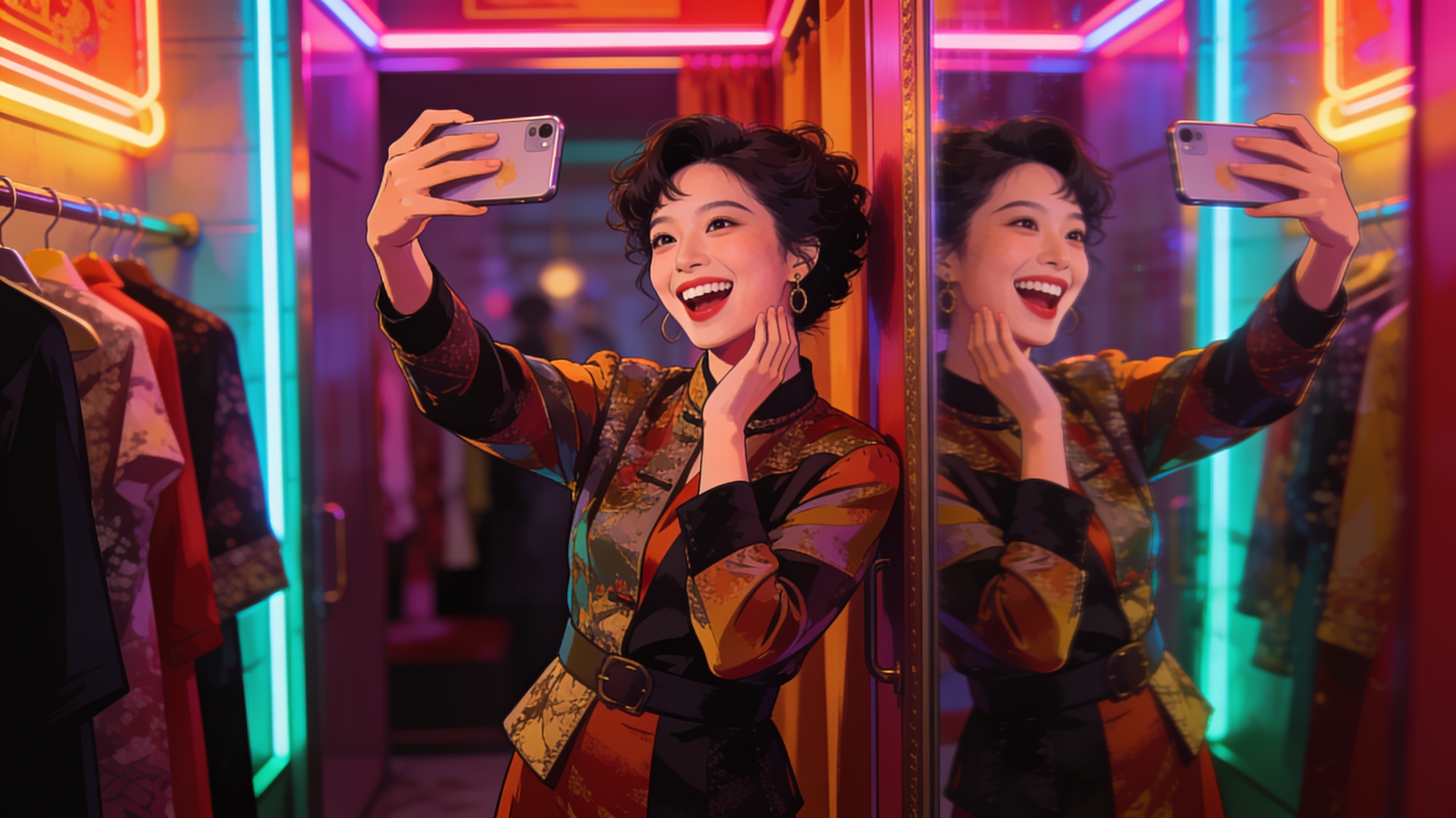 A Chinese girl at a Shanghai boutique double-tapping a mirror selfie with a huge smile, new outfit, neon-lit changing room.