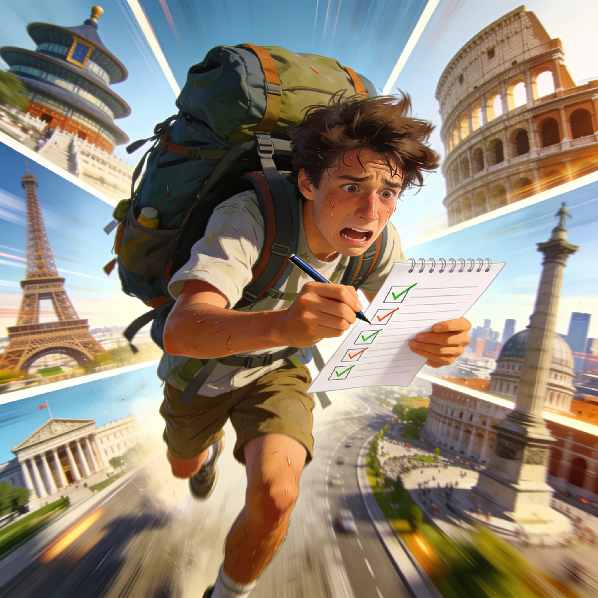 An exhausted but determined college student sprinting between five famous landmarks in one day with a huge backpack, checking off a checklist, comedic high-speed travel montage illustration, no text