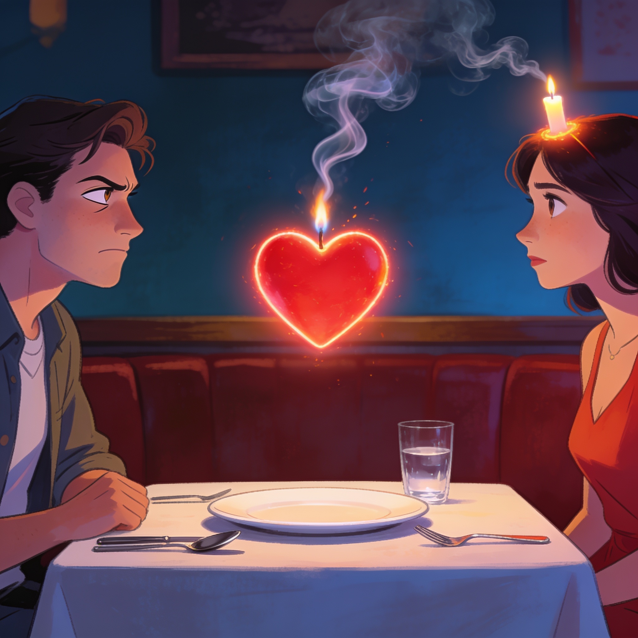 A glowing heart above someone's head suddenly extinguishing like a candle being snuffed out, the other person mid-eye-roll across a restaurant table, comedic disappointment illustration, no text