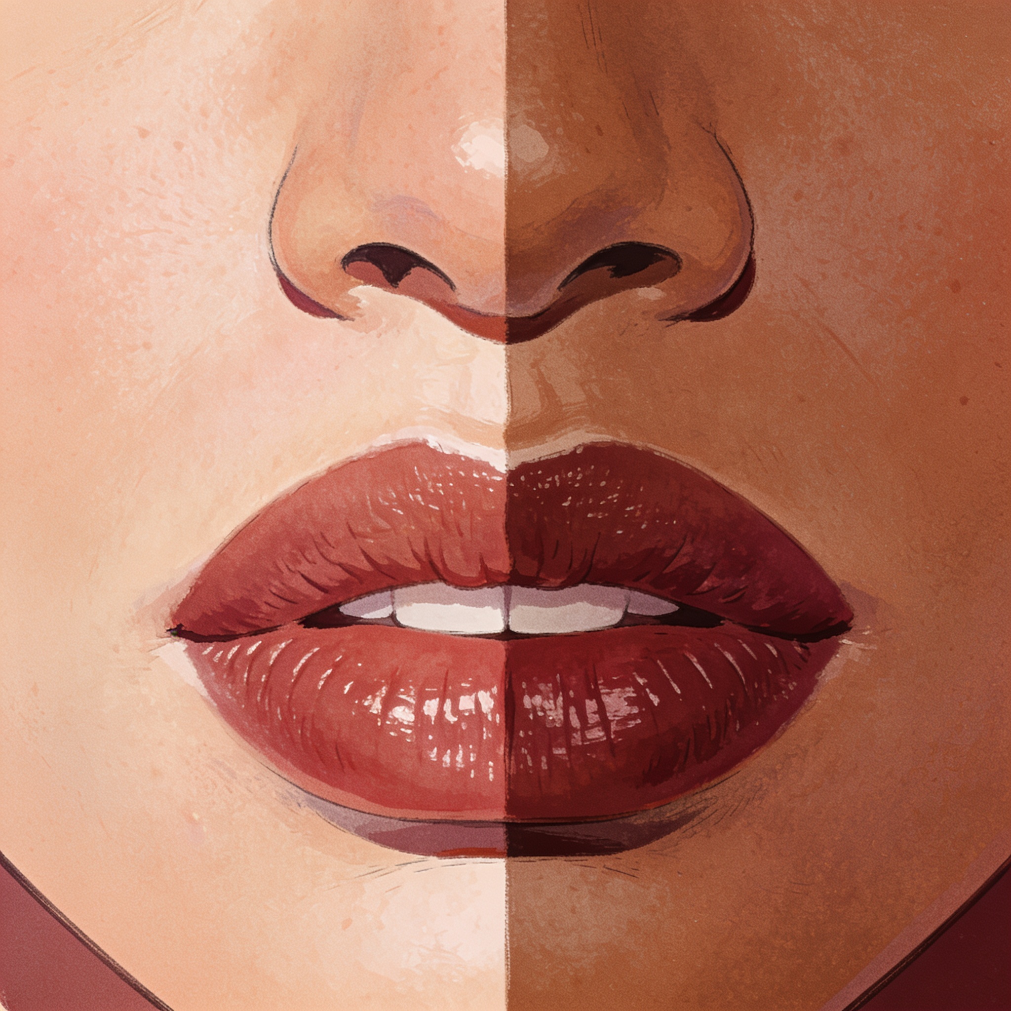 A person's face split in half showing two different lipstick shades applied, one side making the skin appear visibly brighter and fairer, beauty comparison illustration, no text