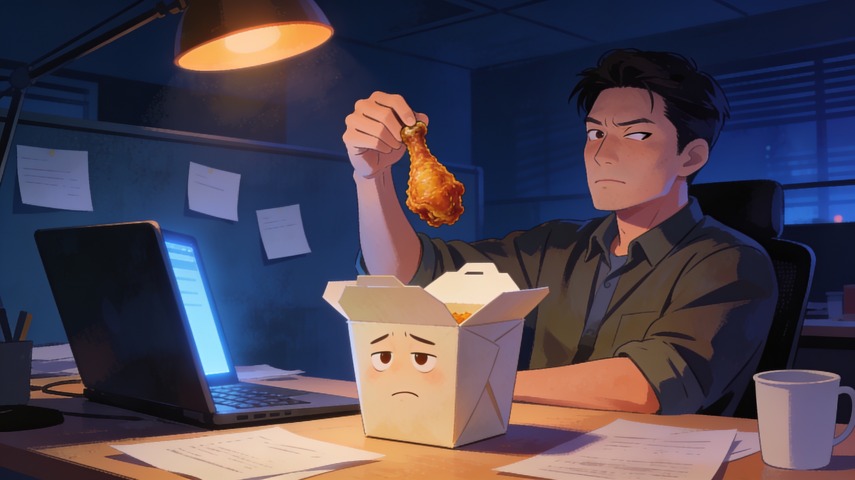 A Beijing office worker at midnight holding up a lonely fried chicken drumstick from a takeaway container with a deadpan sarcastic face.