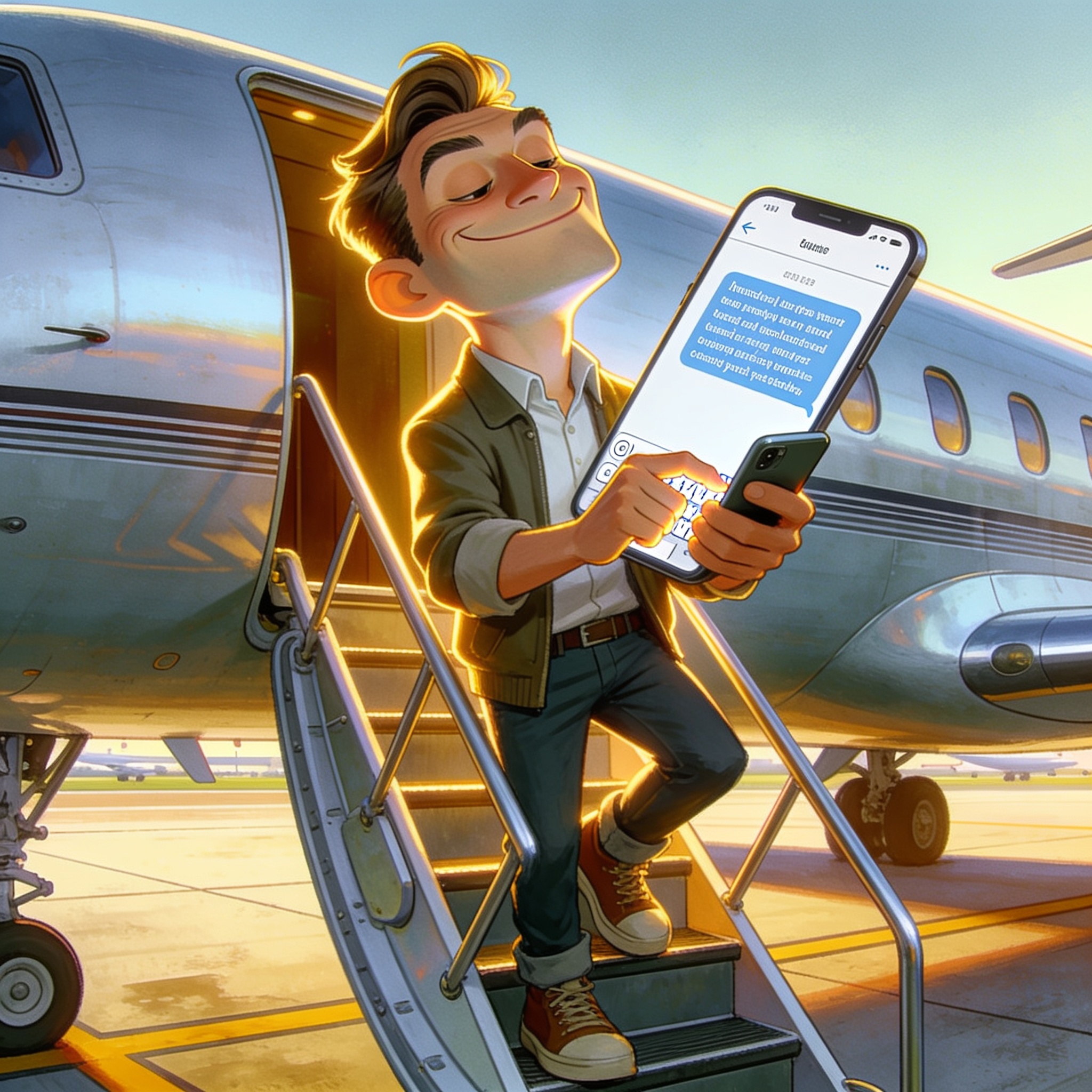 A smug person stepping off an airplane staircase while already typing a long pretentious answer on their phone without even looking up, exaggerated satirical illustration, no text