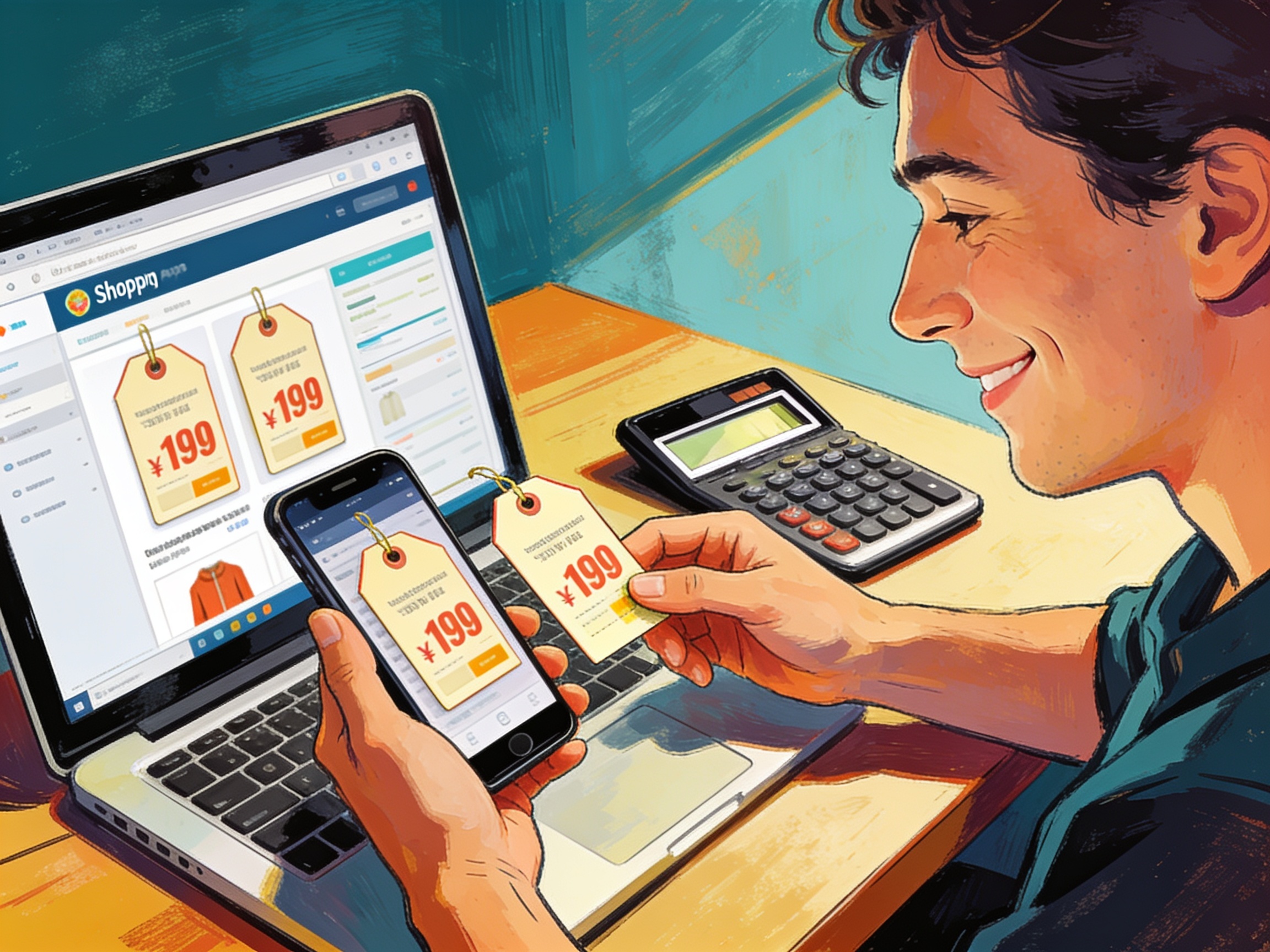 A person comparing two smartphone price tags on a shopping app with a calculator open beside a laptop, satisfied nod, cinematic editorial illustration, no text