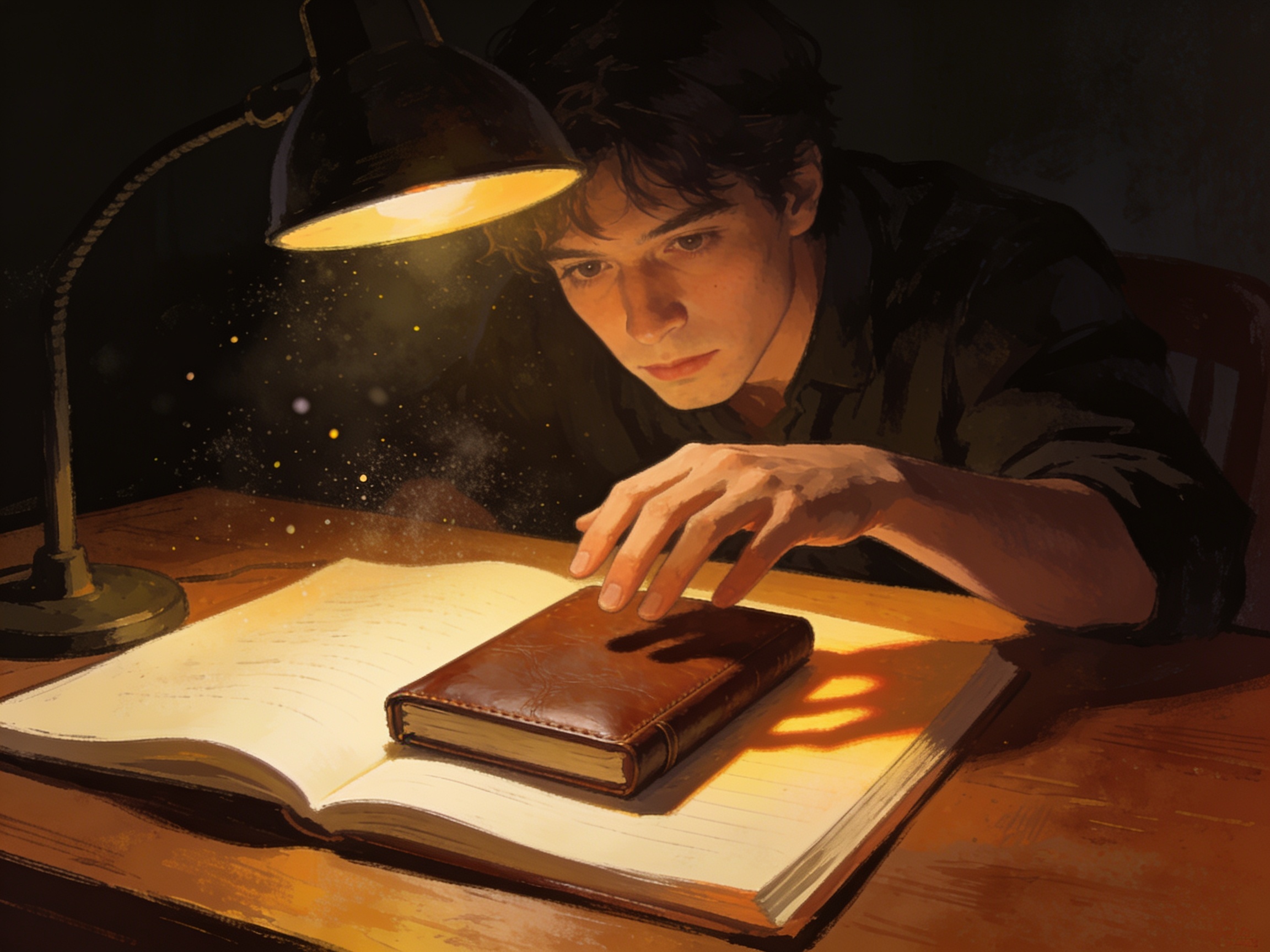 A person keeping a secret notebook of every tiny slight anyone has ever done to them, dim desk lamp, ominous atmosphere, cinematic editorial illustration, no text