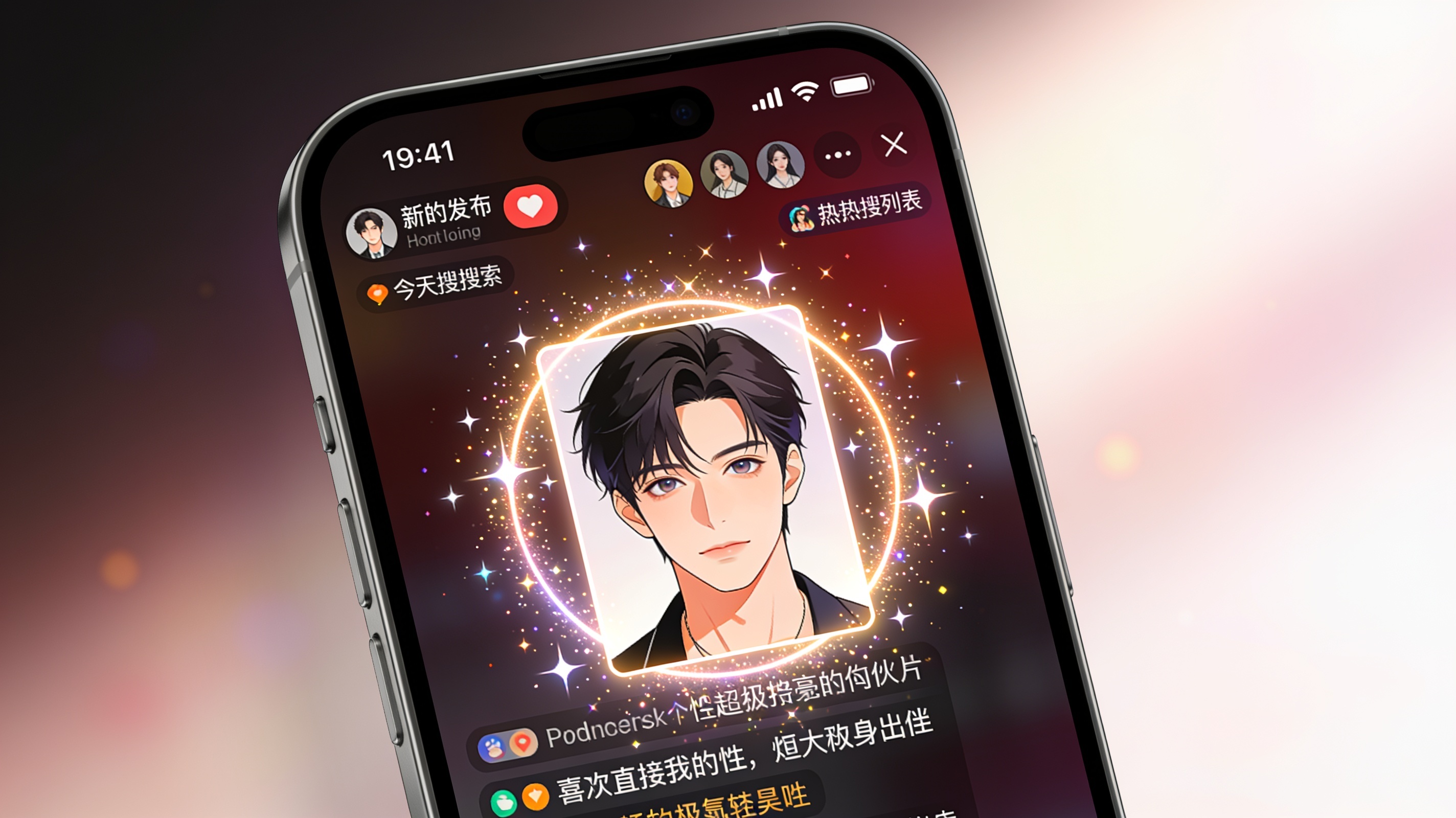 A newly debuted idol's face trending on a phone's social media hot search list, sparkling visual effects around the profile photo, cinematic editorial illustration, no text