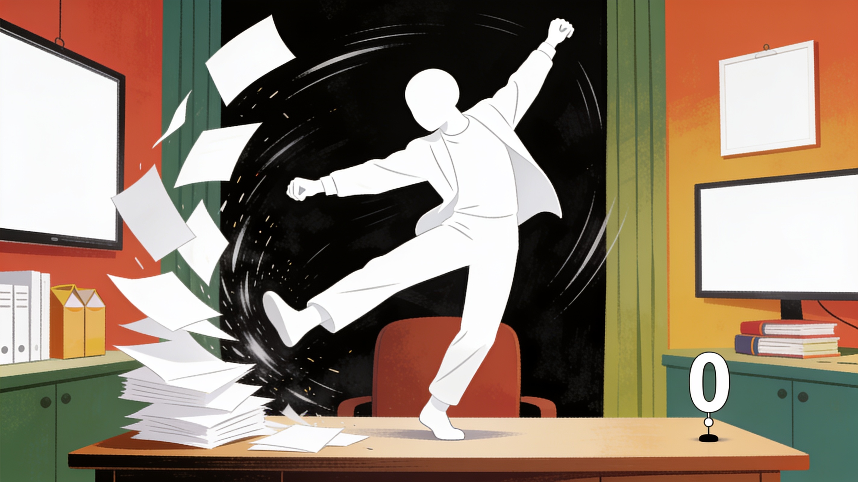 A person performing an elaborate flashy dance of effort at a desk with papers flying dramatically, then the final result shown as a tiny disappointing zero, comedic illustration, no text