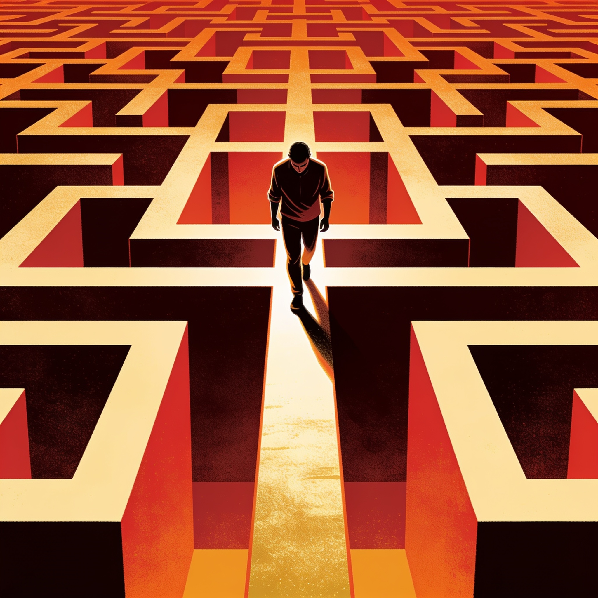 A person stubbornly following one fixed path on a maze while ignoring several obvious alternate routes, symbolic illustration, no text