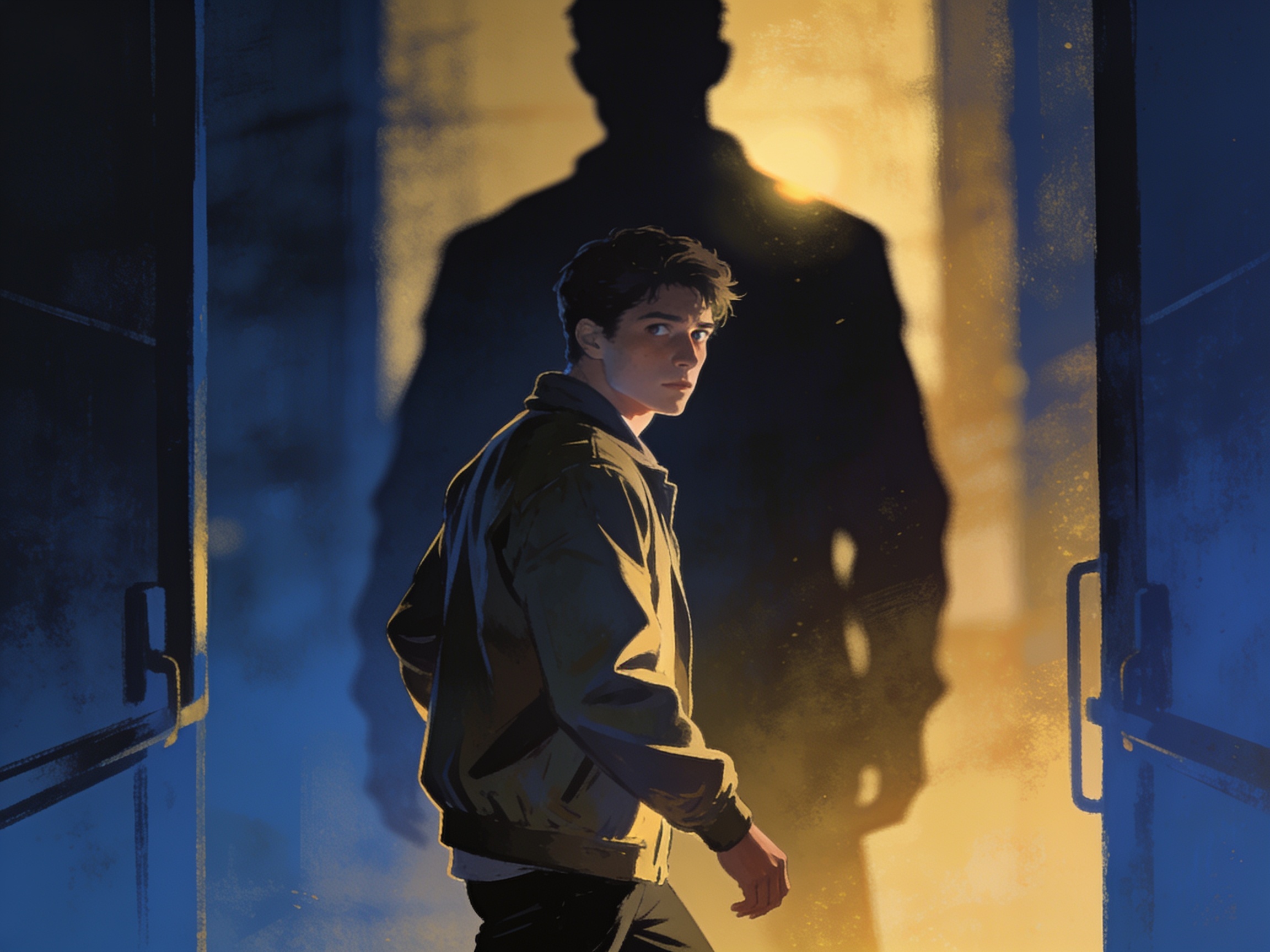 A person pausing and reconsidering before confronting someone, glancing nervously at the powerful figure standing behind them, cautious hesitation, cinematic editorial illustration, no text