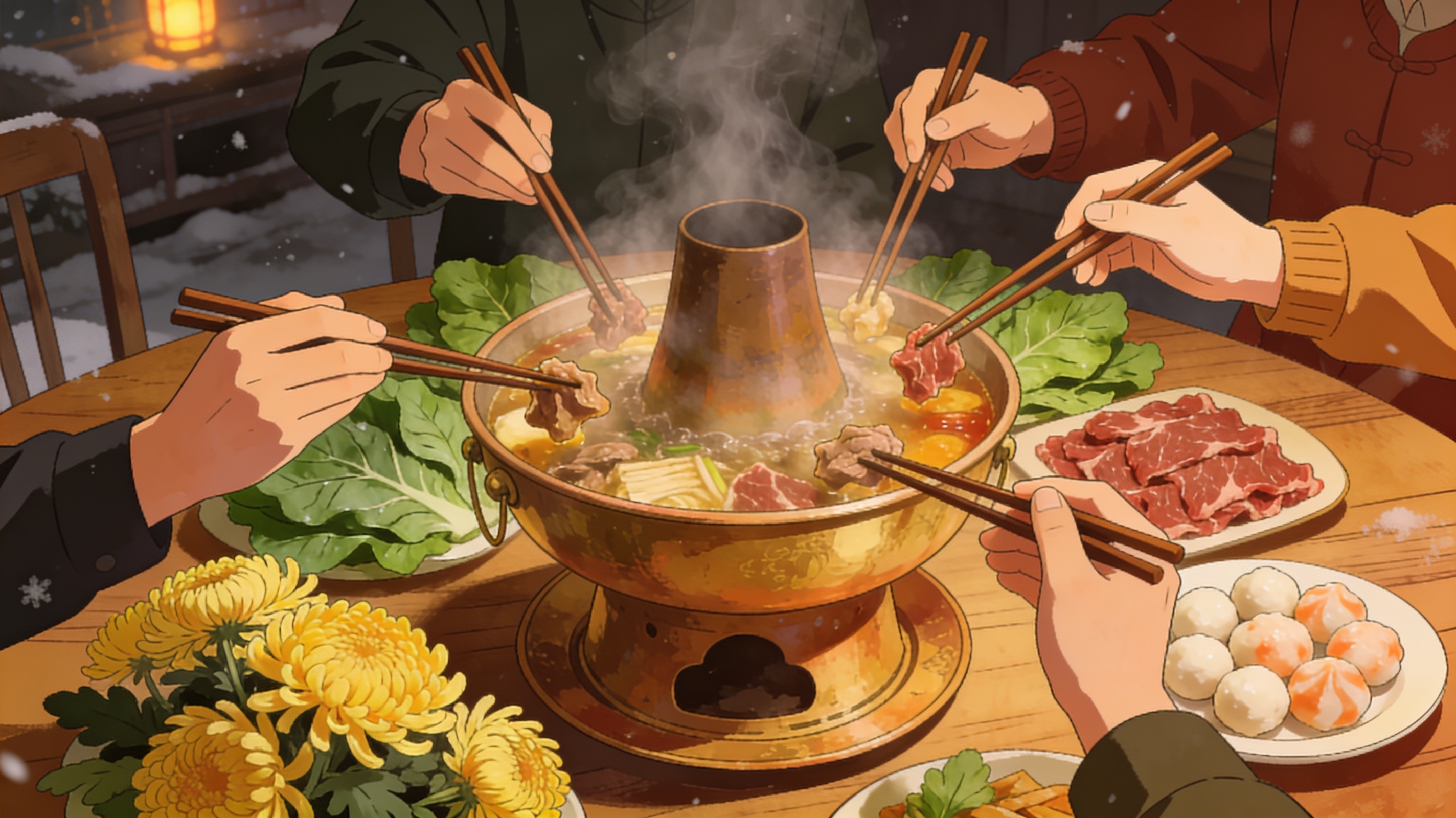 A steaming Cantonese-style hot pot at the centre of a family table, chrysanthemum leaves, sliced beef, fish balls, five hands reaching in with chopsticks.