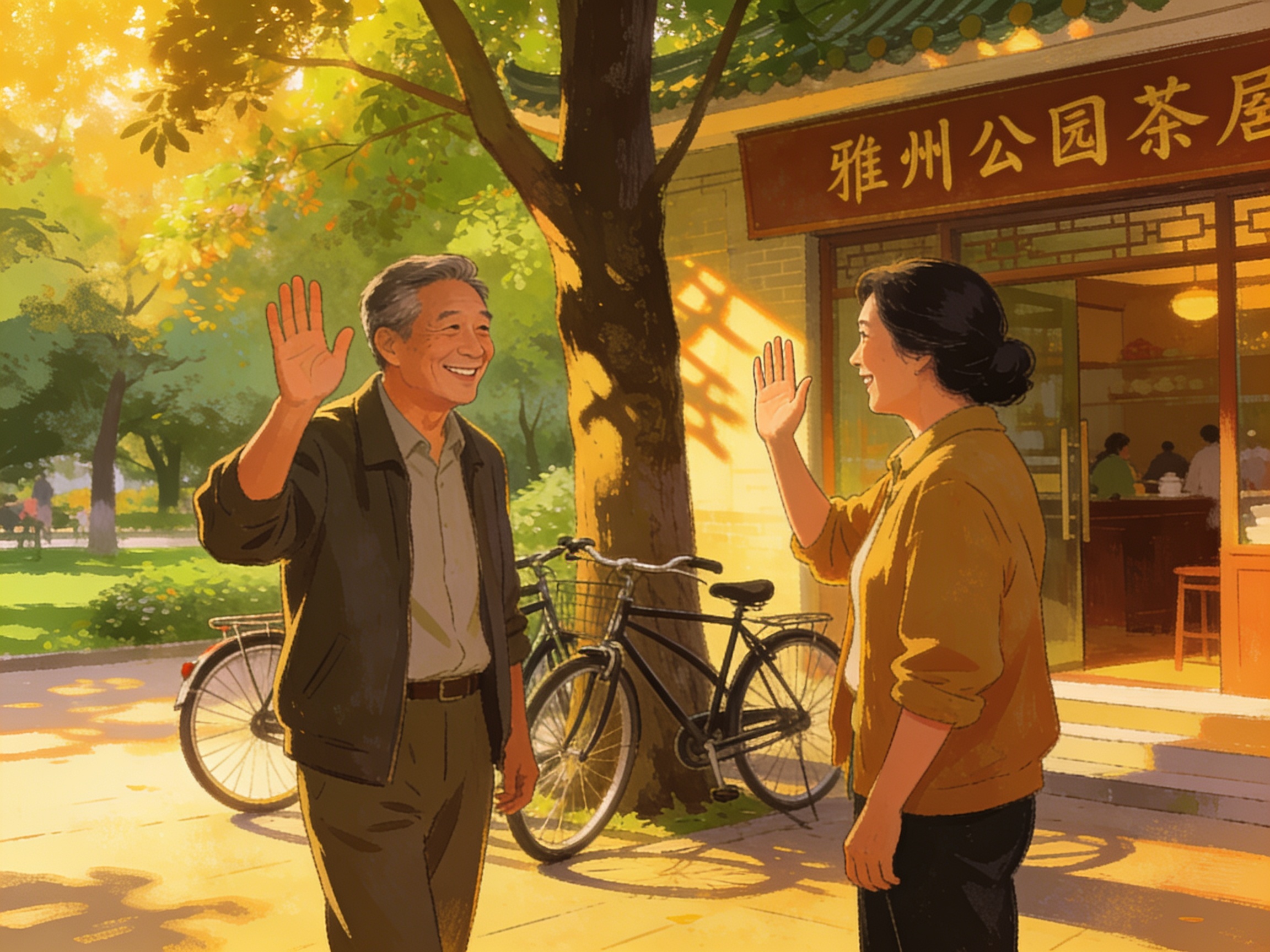Two old friends parting outside a Yuexiu park teahouse, waving at each other, one gesturing 'call me', bicycles parked behind them.