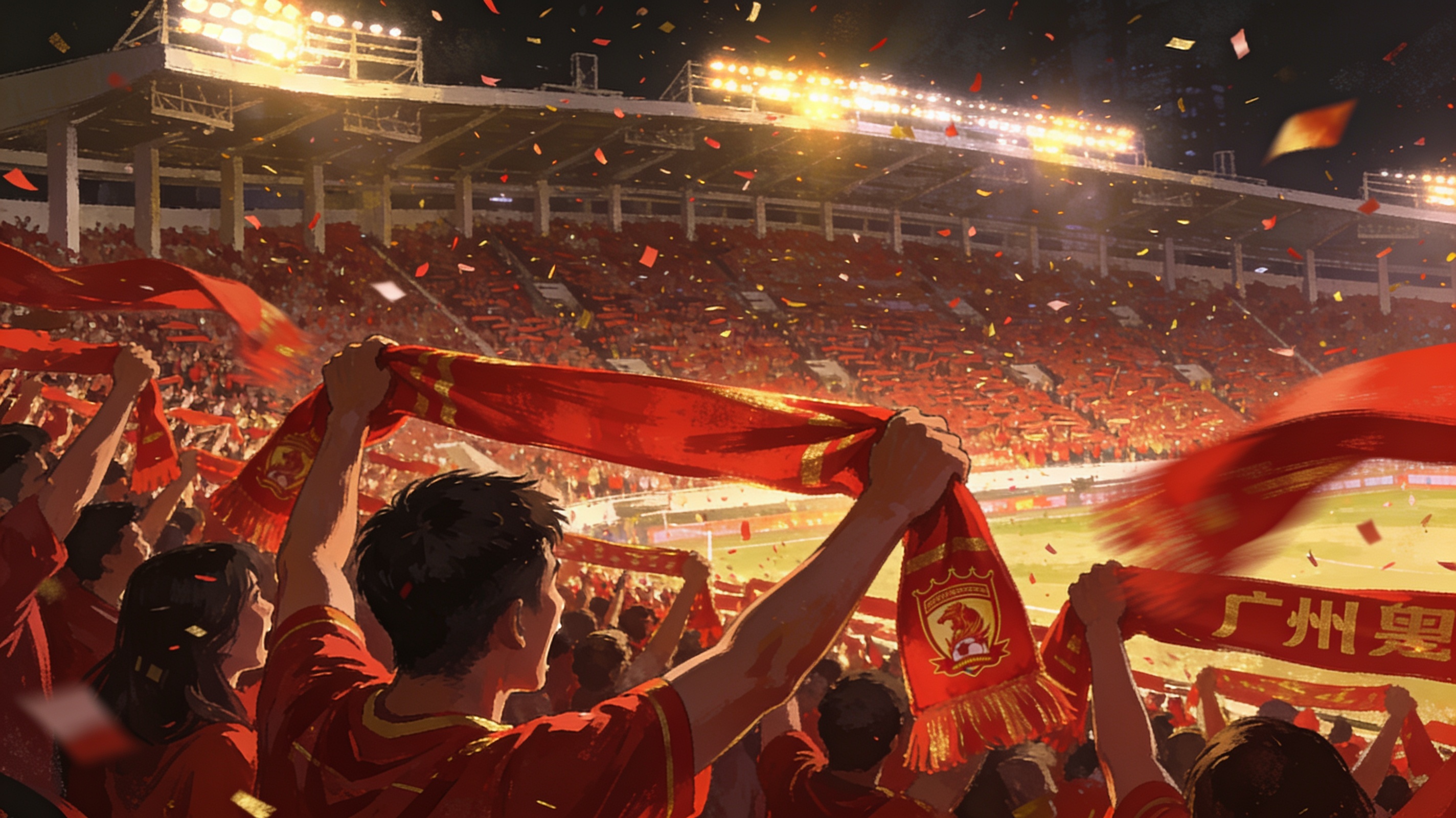 A packed stadium crowd roaring and waving red scarves during a night football match in Guangzhou, floodlights and confetti in the air, electric atmosphere, cinematic editorial illustration, no text