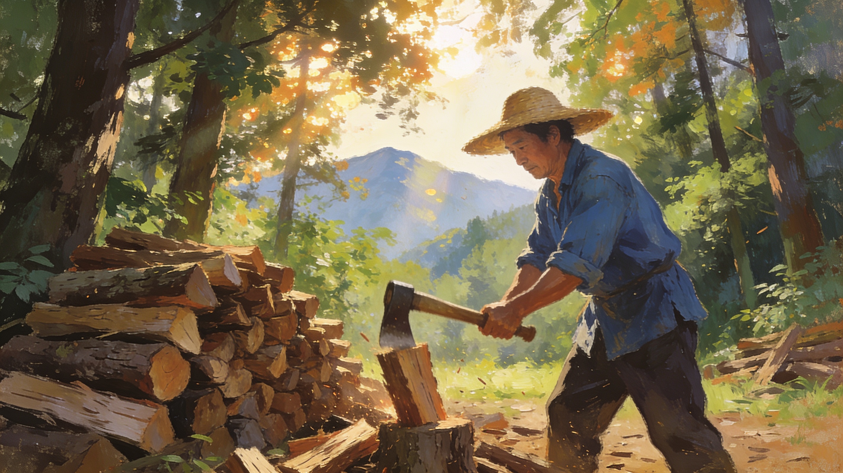 A farmer chopping and stacking firewood under bright sunshine, preparing for the rainy season ahead, careful foresight, cinematic editorial illustration, no text