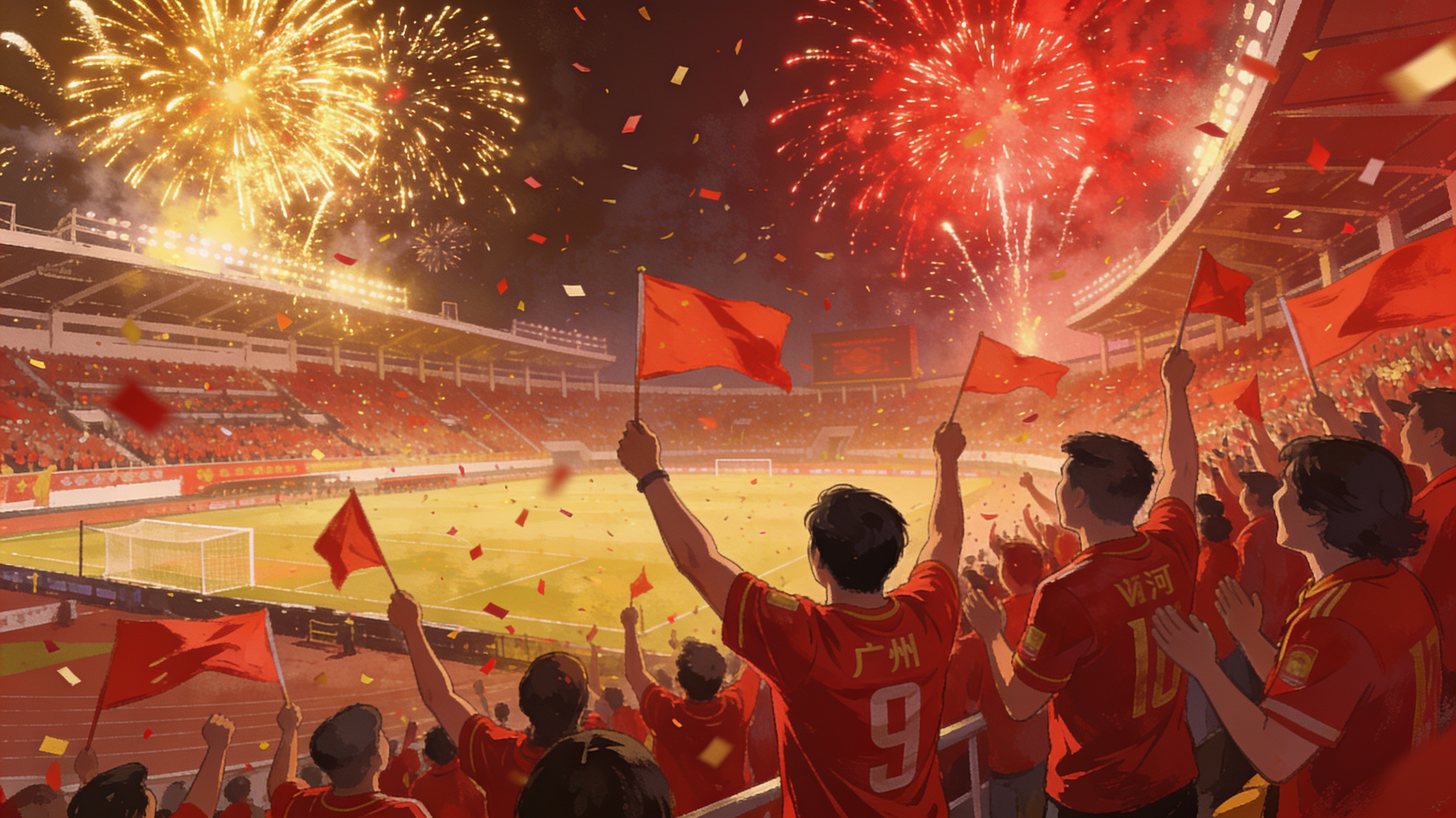 A packed Tianhe Stadium in Guangzhou erupting in celebration as fans wave red flags after a championship goal, fireworks over the stadium, nostalgic 2013 aesthetic, cinematic editorial illustration, no text